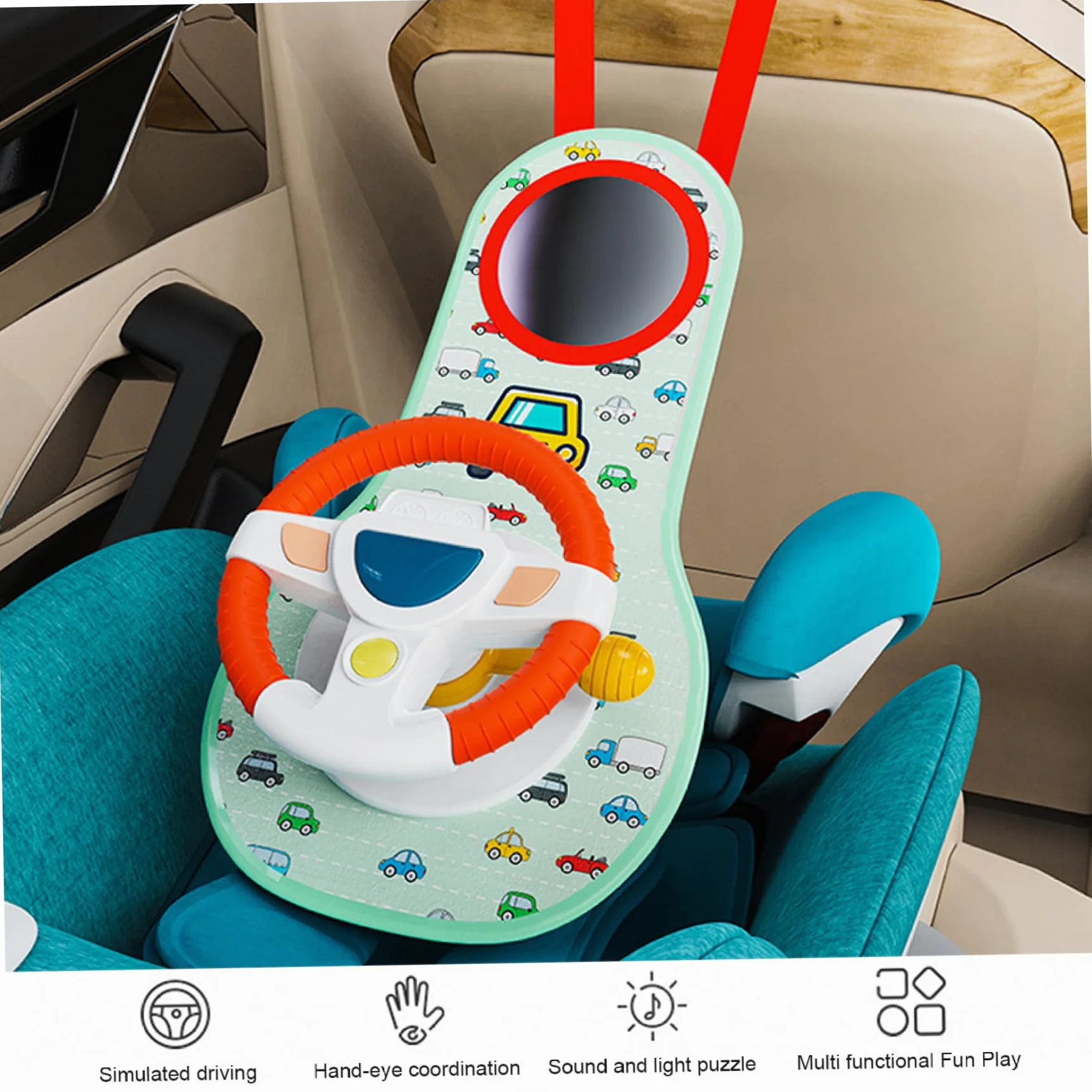 Volante per bambini con rotazione 360° specchio musica luci suoni giocattolo seggiolino auto