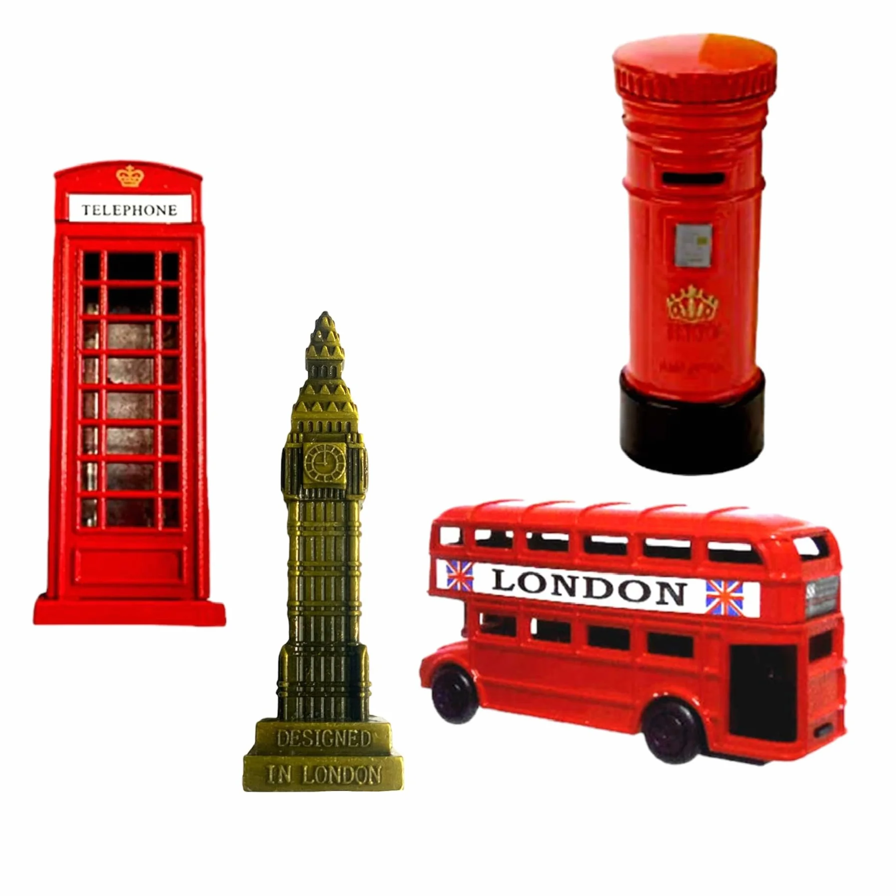 London Souvenir - Set di temperamatite (confezione da 4), Big Ben, autobus, cabina telefonica e cassetta postale, regalo per bambini, materiale scolastico, set regalo di temperamatite pressofuso da
