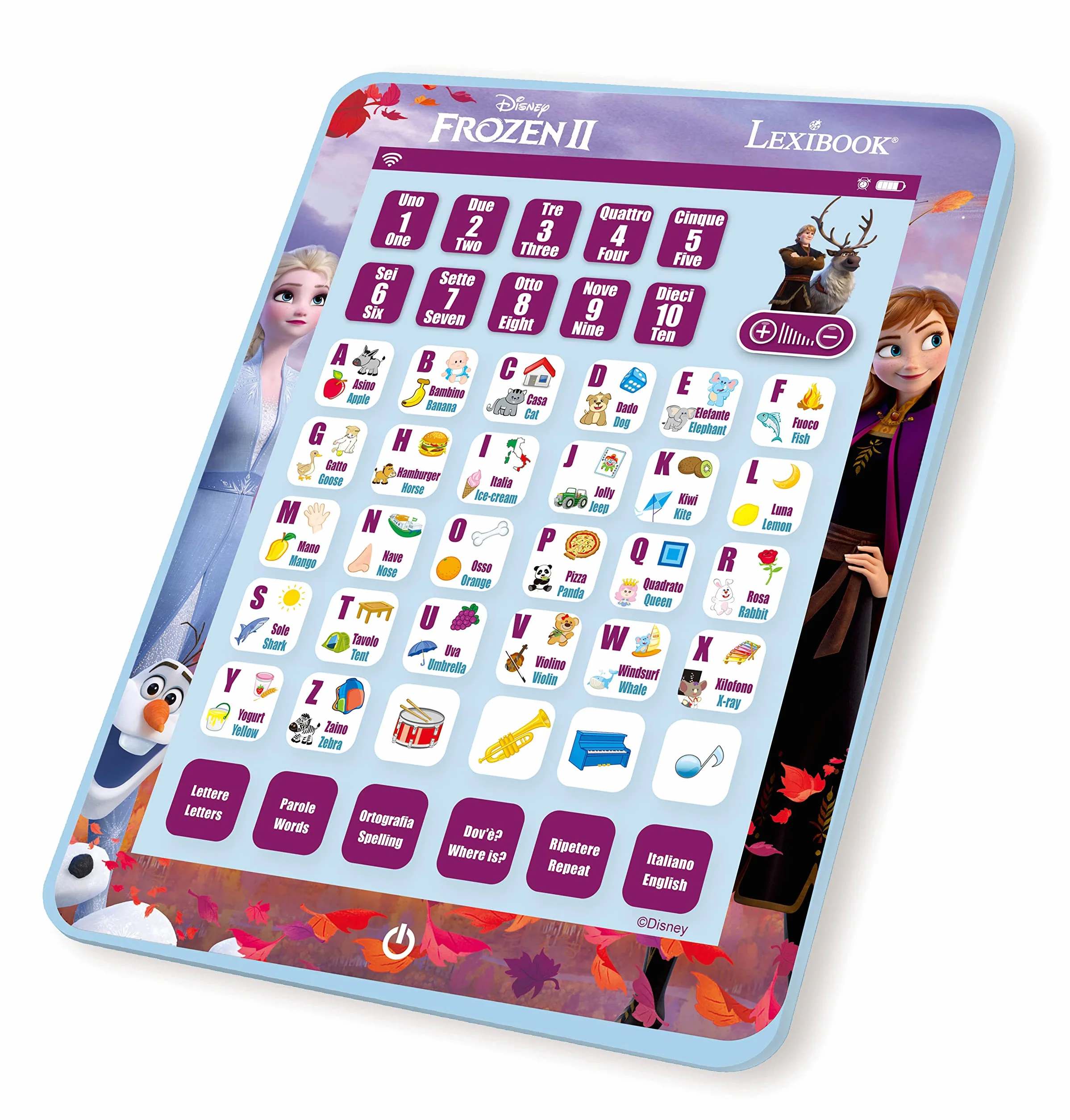Lexibook, Frozen, Tablet educativo bilingue per Imparare Le Lettere, i Numeri, Le Parole, l'ortografia e la Musica, Inglese/Italiano, Viola, JCPAD002FZi5