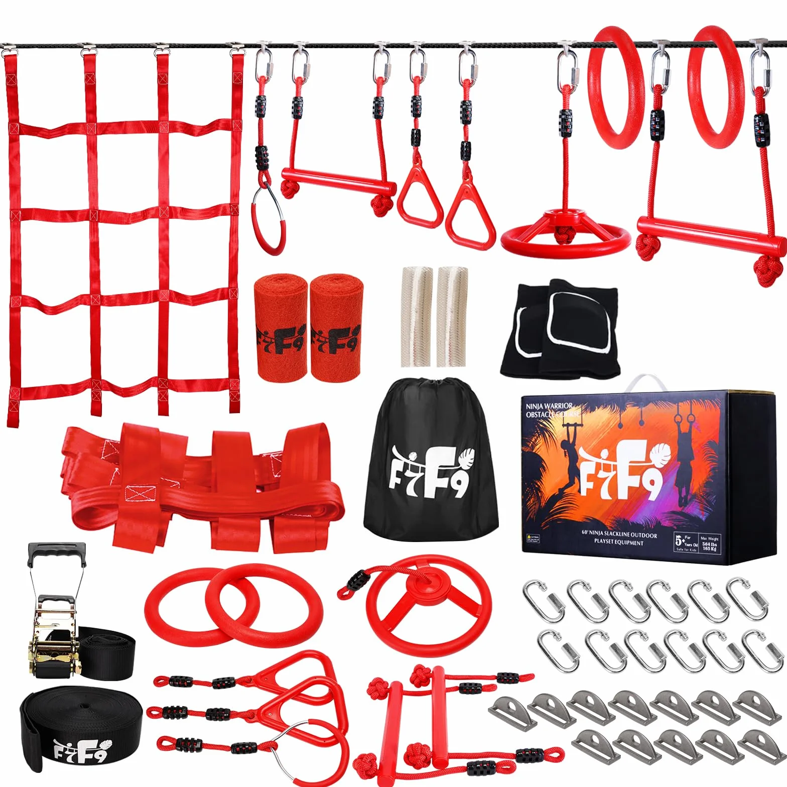 Ninja Slackline Kit, 15M Ninja Linea Viene fornito con Kit da Ostacoli Sospeso per Bambini completi e sicuri