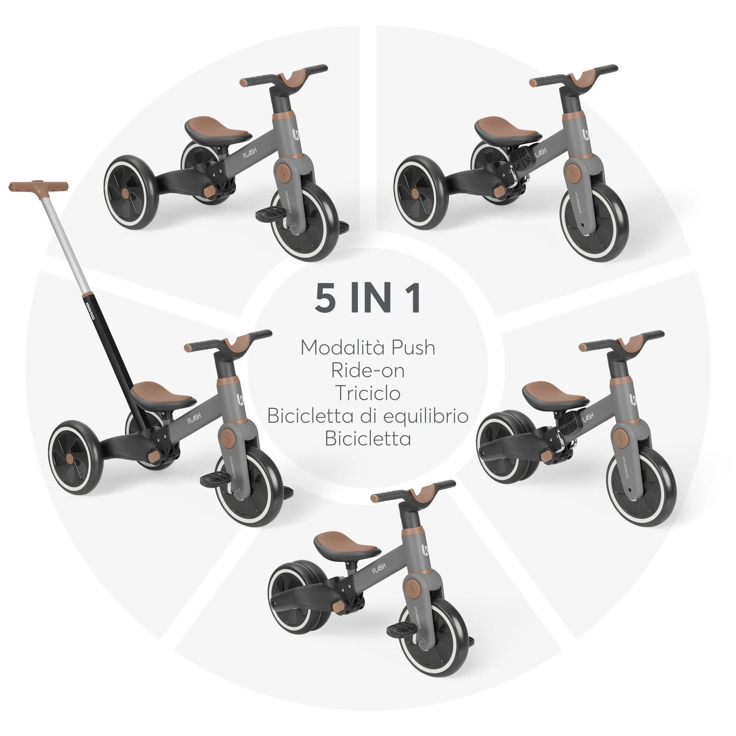KikkaBoo Triciclo Evolutivo 5 in 1 FLASH, da 18 Mesi a 4 Anni, con Maniglione Regolabile per Genitori, Trasformabile in Bicicletta Senza Pedali, Leggero, Ruote EVA, Telaio in Acciaio, Grigio
