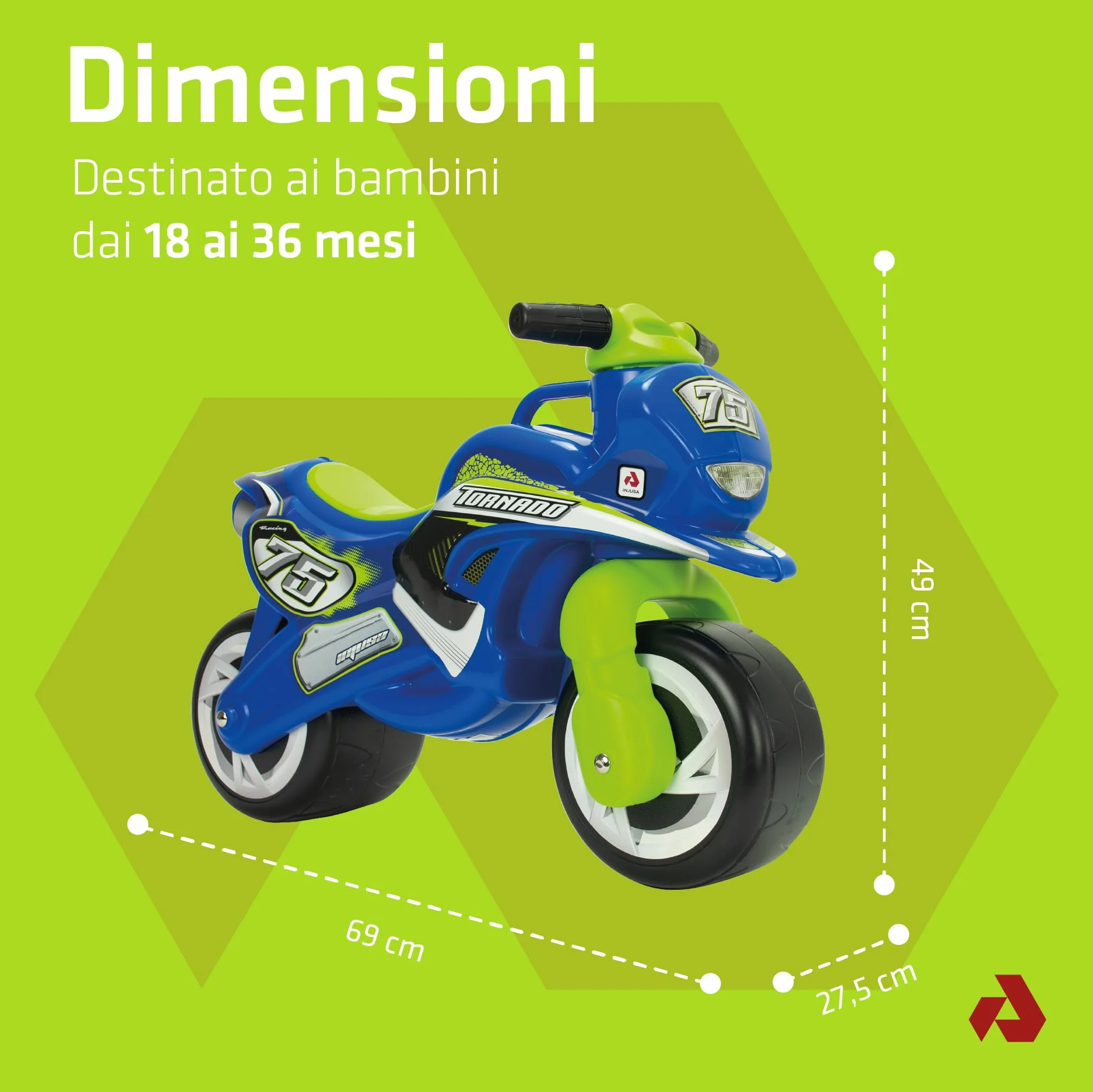 INJUSA Moto Cancelli Tundra Tornado Blu Verde Ruote larghe Plastica Maniglia Trasporto Bambini +18 Mesi