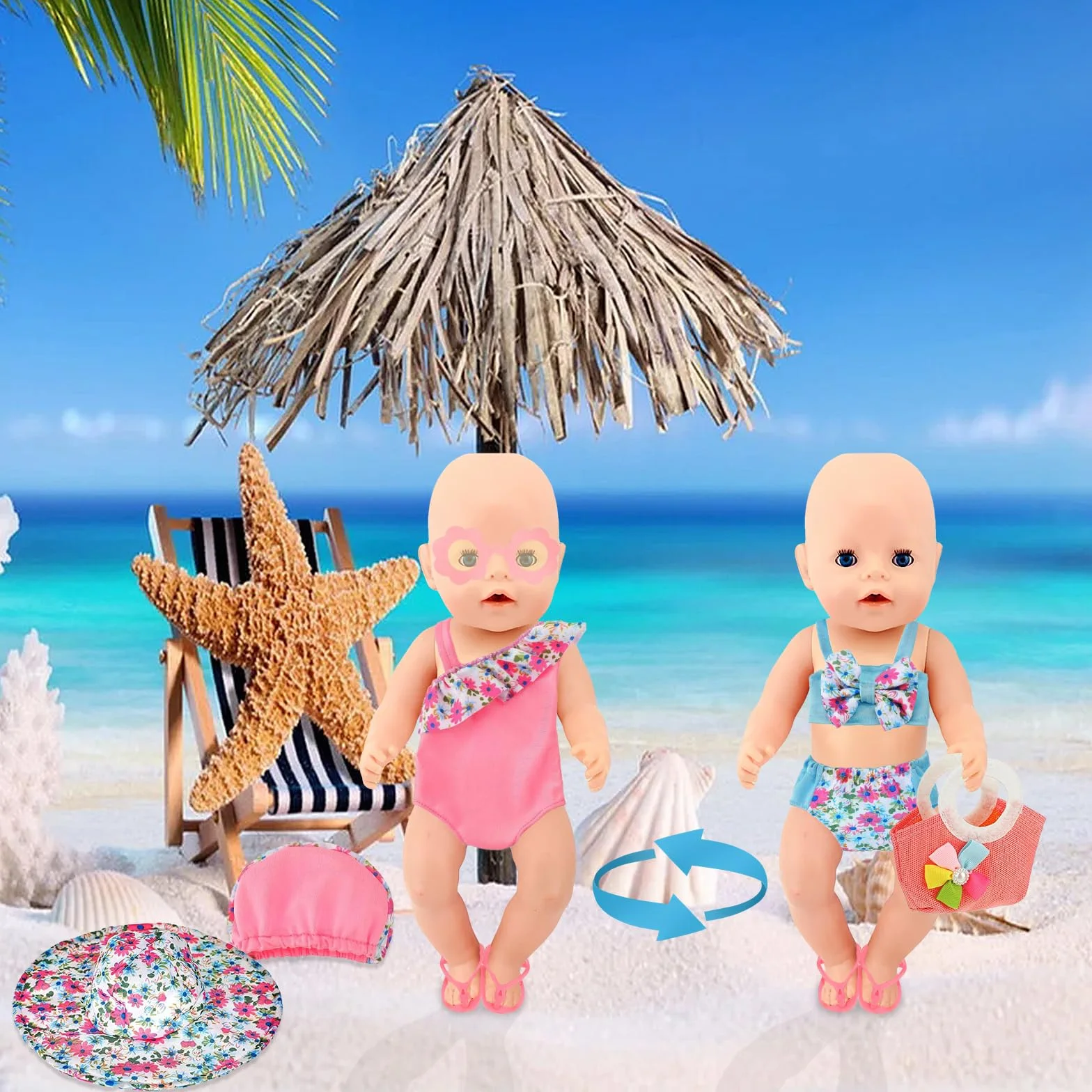 Set di Nuoto per Bambole 8 Pezzi, Estate Costume da Bagno per Bambole,Vestiti Bambole Reborn,Vestiti per Bambole per New Baby Born Bambola,Accessori per Bambole Reborn 35-43CM, Regalo per Ragazze