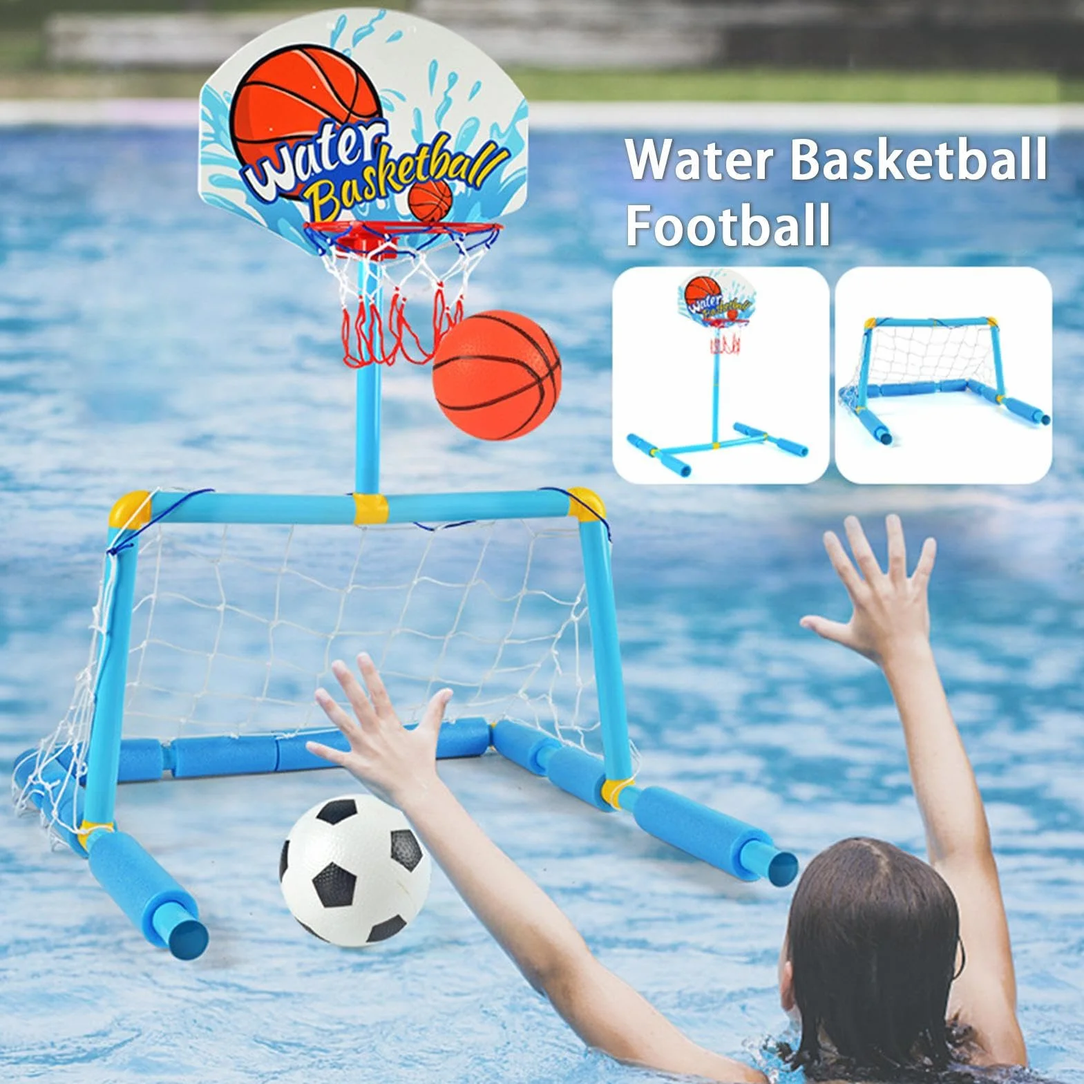 Generico Canestro da Basket per Piscina - Porta da Calcio Galleggiante in Acqua 2 in 1 | Giocattolo Acquatico interattivo con 2 Palline e Pompa | per Bambini 4 Anni ín su, Adulti, Famiglia, Piscina