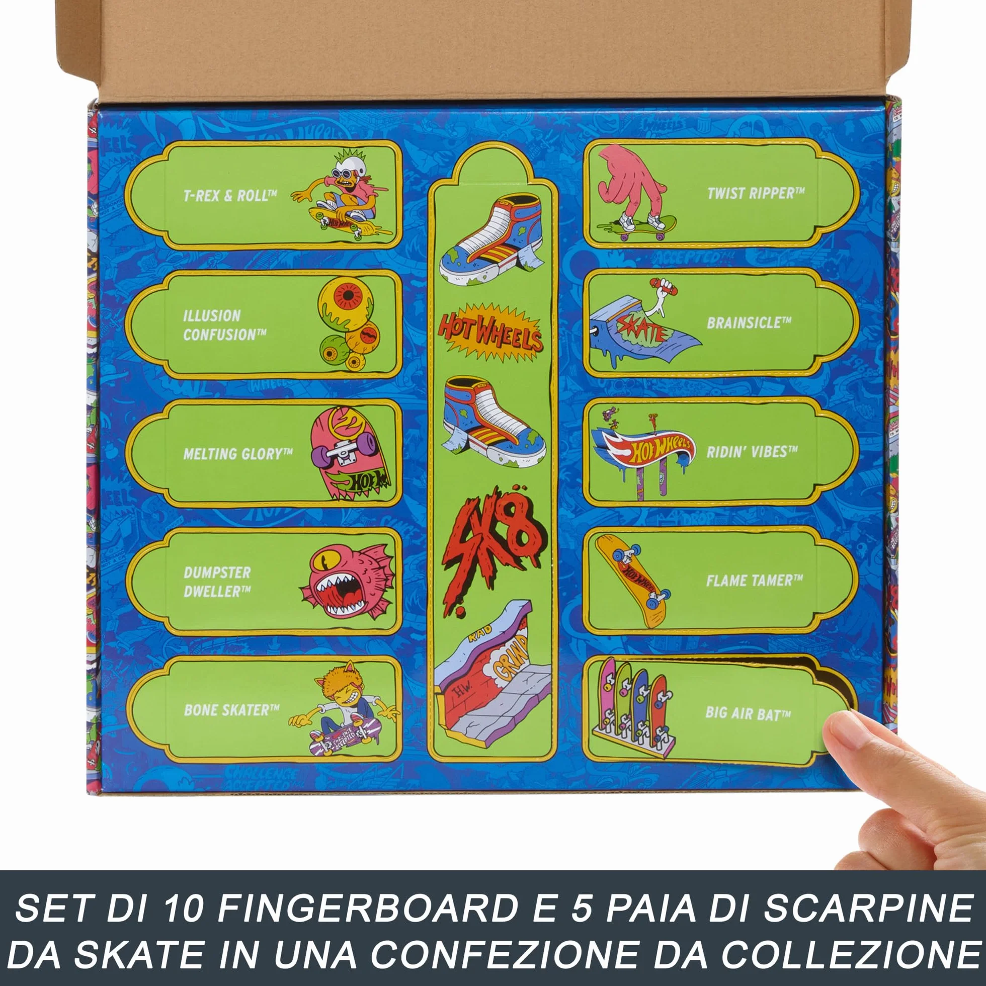 Hot Wheels Skate - Set da 10 fingerboard, include anche 5 paia di scarpine da skate rimovibili, grafiche dettagliate a tema, giocattolo per bambini, 5+ anni, HTP59