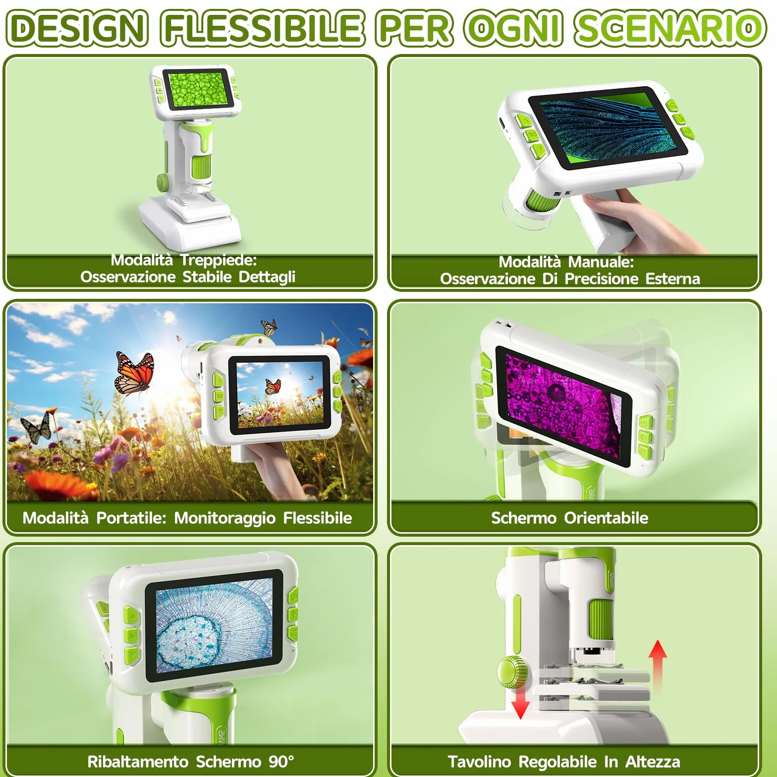 Charmofun Microscopio Bambini, Microscopio Digitale con Scheda di Memoria da 64GB, Microscopios Portatile Bambini con Schermo LCD 4", Ingrandimento 1600X, Foto e Video, Funzione Portatile e Fissa