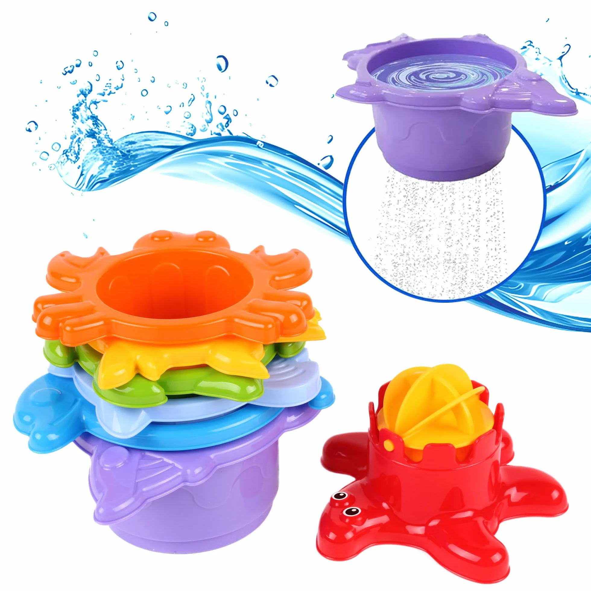 FANCY Tazze Impilabili Bambini Set Bagno 29 cm Torre Impilabile per Ragazzi e Ragazze dai 1 Anno, Giocattoli Montessori Giochi Bagnetto, per la Spiaggia e Piscina, Idea Regalo