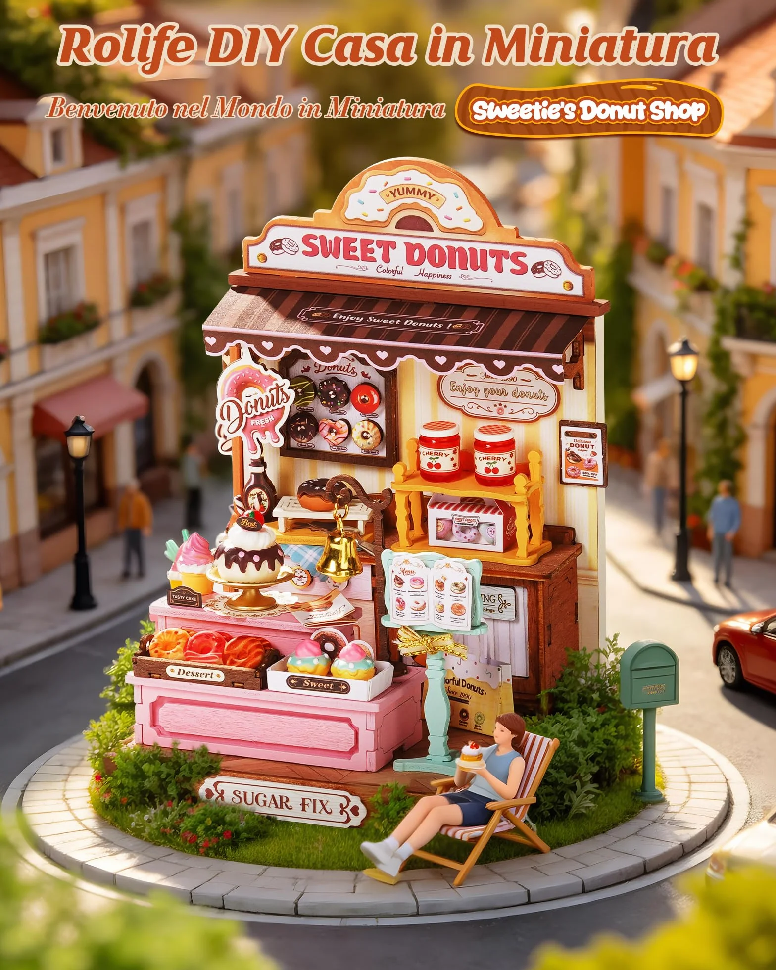 Rolife Miniature Casa Sweetie's Donut Shop, 141 pezzi Kit Casa in Miniatura DIY, Modellismo da Costruire Adulti Casa delle Bambole in Legno Puzzle 3D Nessun collante necessario
