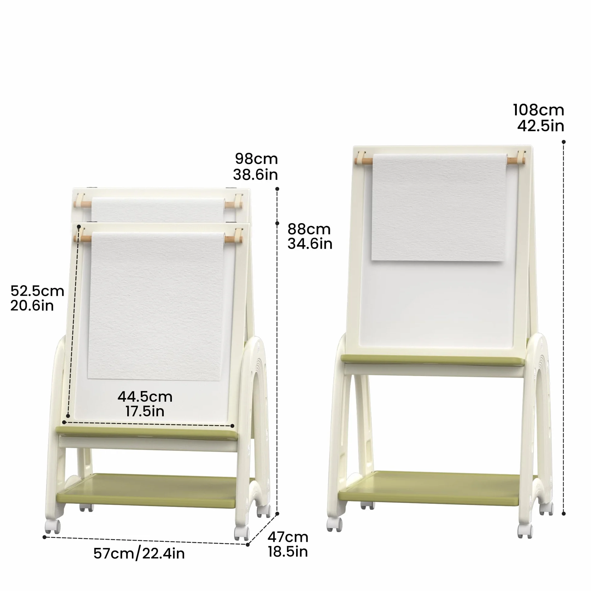 Lavagna per Bambini 3 in 1 Cavalletto con Rotolo Carta Doppia Lato Bianco e Nero Altezza Regolabile Verde