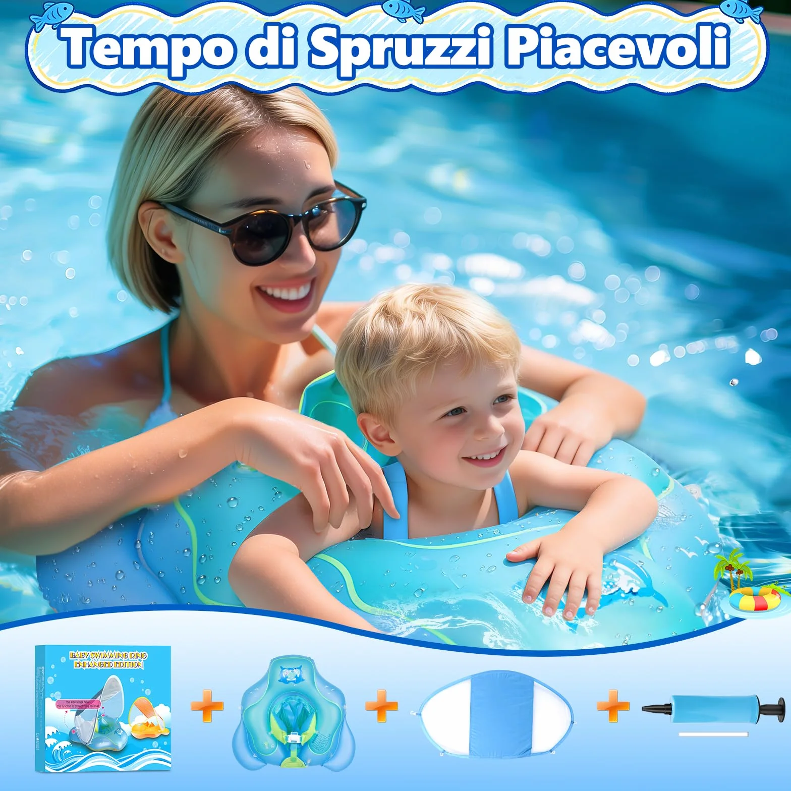 Salvagente Neonato con Parasole, Ciambella Neonato Mare, Anello Galleggiante per Bambini SPF 50+ Sedile di Sicurezza Regolabile, per Bambini da 6 a 36 mesi
