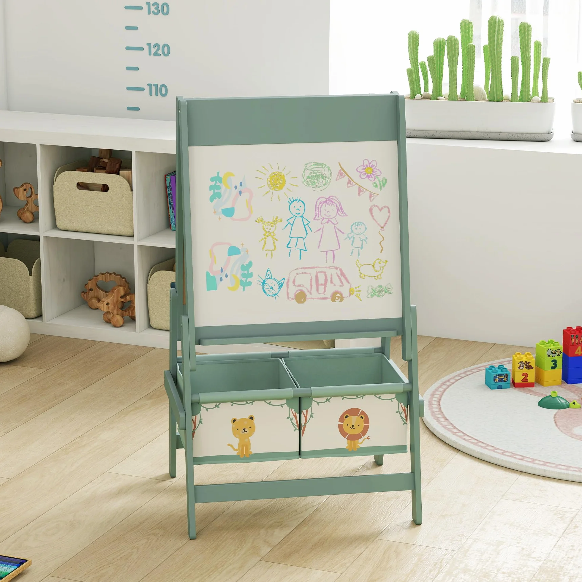 AIYAPLAY Lavagna per Bambini 3 in 1 con Rotolo di Carta e Cestelli Portaoggetti, Cavalletto in Legno di Pino e MDF, 54x46x94 cm, Verde