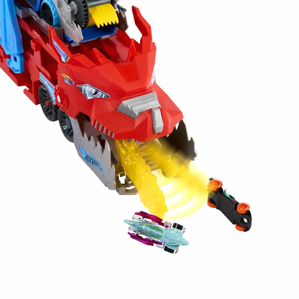Hot Wheels City Drago Trasportatore Trasformabile e 2 macchinine Die-Cast, Drago di Grandi Dimensioni e Drago Rimovibile, può Contenere più di 20 Veicoli, JBM72