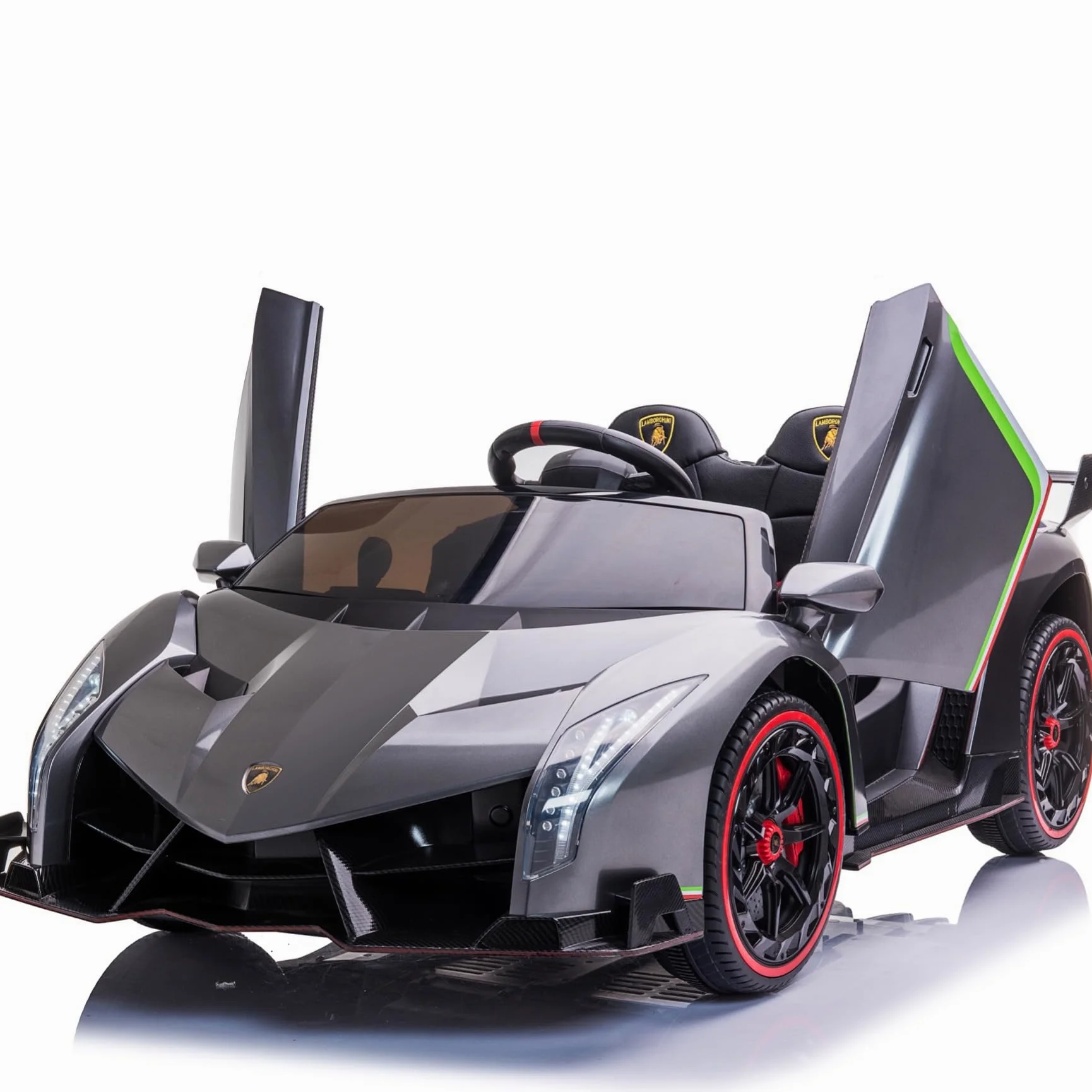 FINOOS Auto macchina elettrica per bambini Lamborghin Veneno 24V 2 posti, 4X4, sedile in pelle, ruote in gomma con telecomando 2,4 GHz da 1 a 7 anni (Grigio metallizzato)