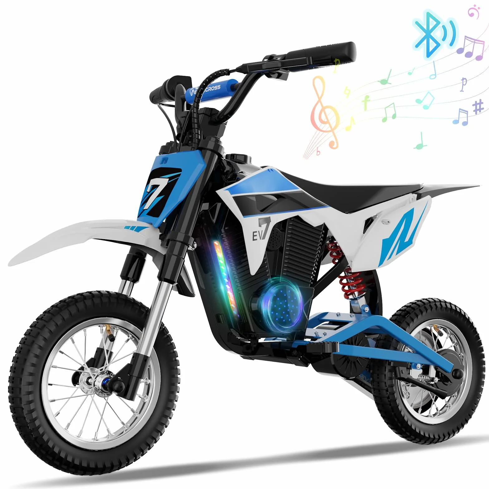 EVERCROSS EV12M PRO Motocicletta Elettrica, Moto Elettrica con Motore da 300W, 3 Modalità di Velocità, Pneumatico da 12'', Musica Bluetooth, Luci Colorate, Moto Cross per Bambini da 110cm di altezza