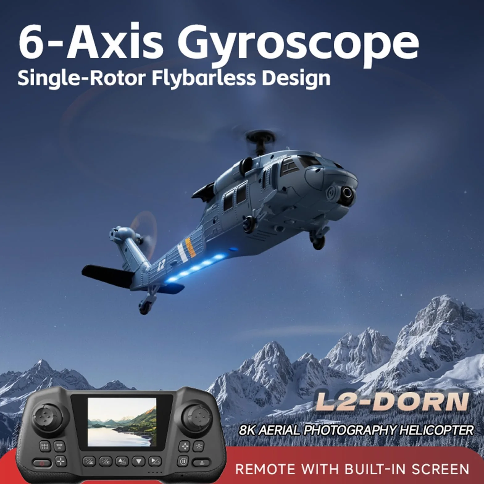 Elicottero RC L2 senza alettoni 6 canali localizzazione tramite flusso ottico volo invertito con un solo tasto telecamera 8K e schermo integrato telecomando 2 batterie