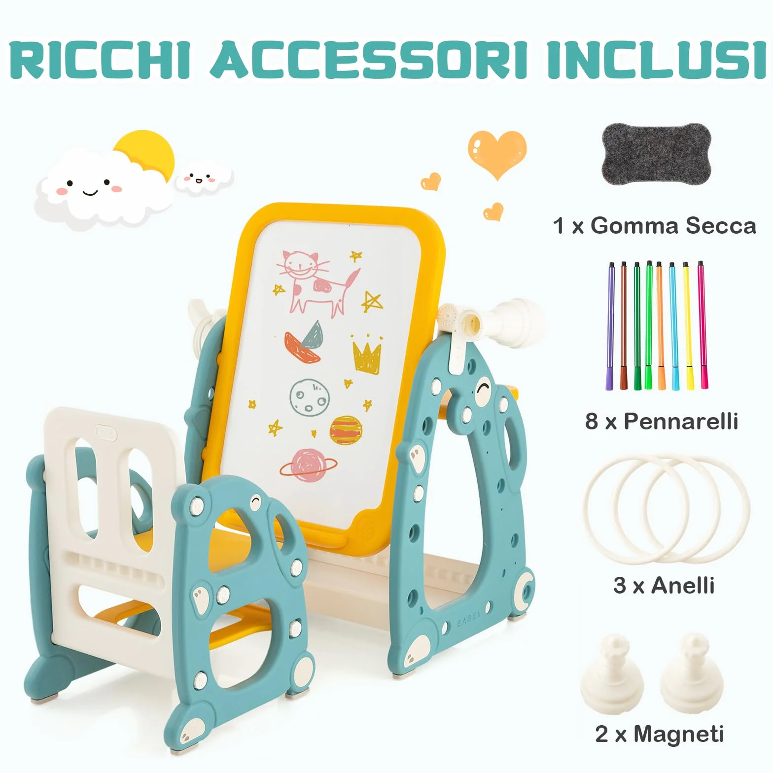 GYMAX Tavolozza Artistica 4 in 1 per Bambini con Sedia, Set Tavolo e Sedia per Disegno con Lavagna Magnetica Regolabile
