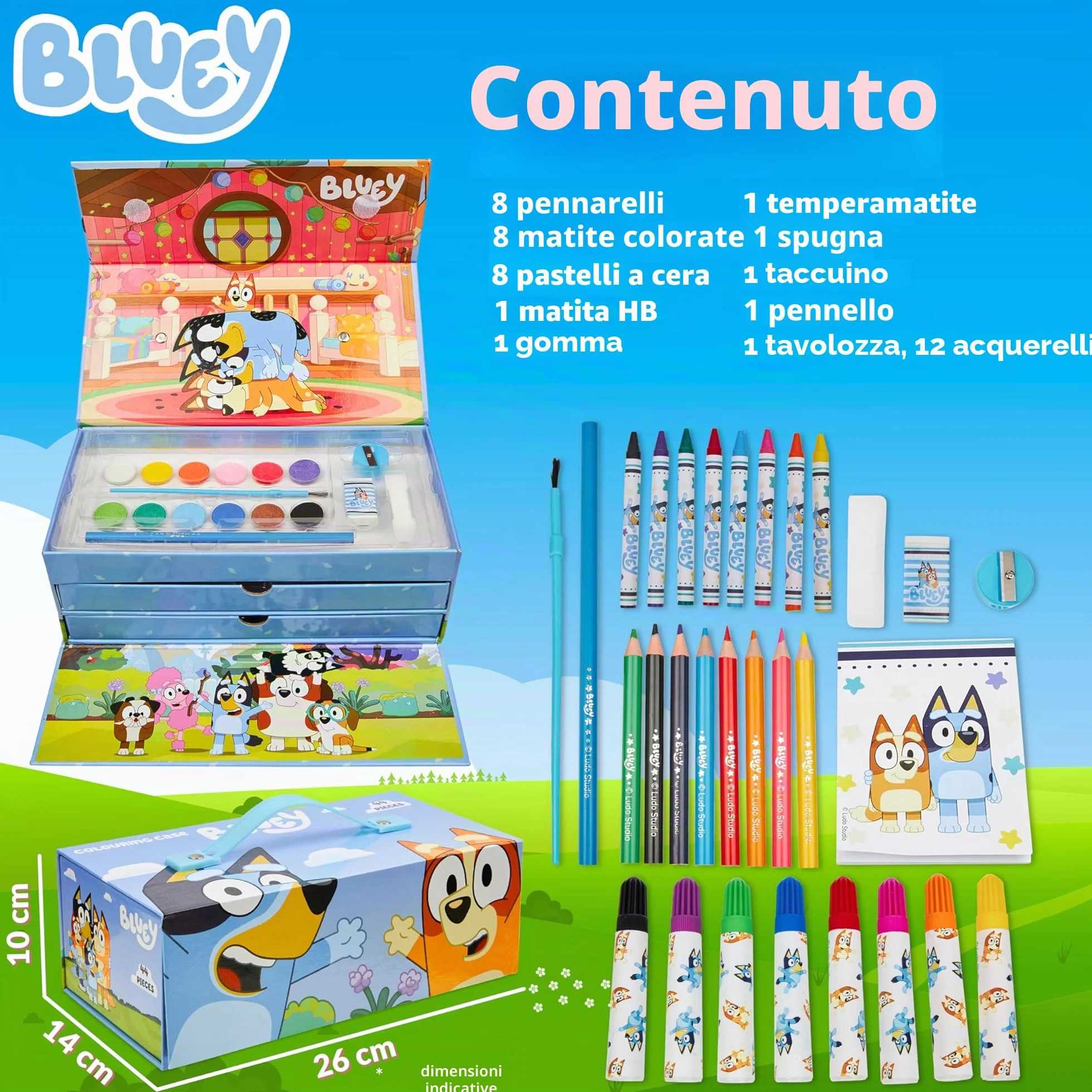 Bluey Valigetta Colori per Bambini, Set Disegno con Penne e Pastelli, Regali Bambini (Blu 3 livelli)