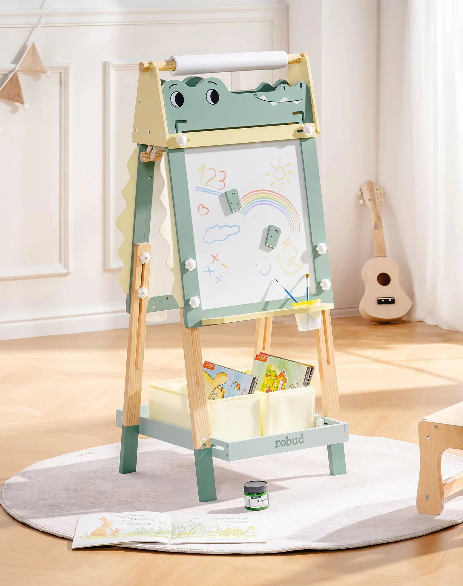 ROBUD Cavalletto in legno per bambini doppia faccia lavagna bianca e gesso con rotolo di carta regolabile in altezza magneti