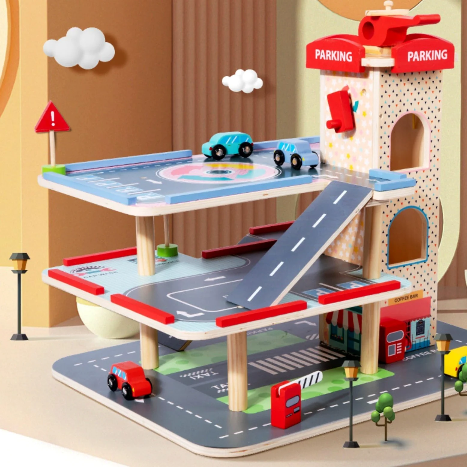 Harilla Children Parcheggio Gioco Parcheggio Giocattolo Garage Multilivello Auto Ascensore Manuale Legno Funzione Motoria Adatto per Insegnamento Meccanico, M-Parcheggio Piccolo