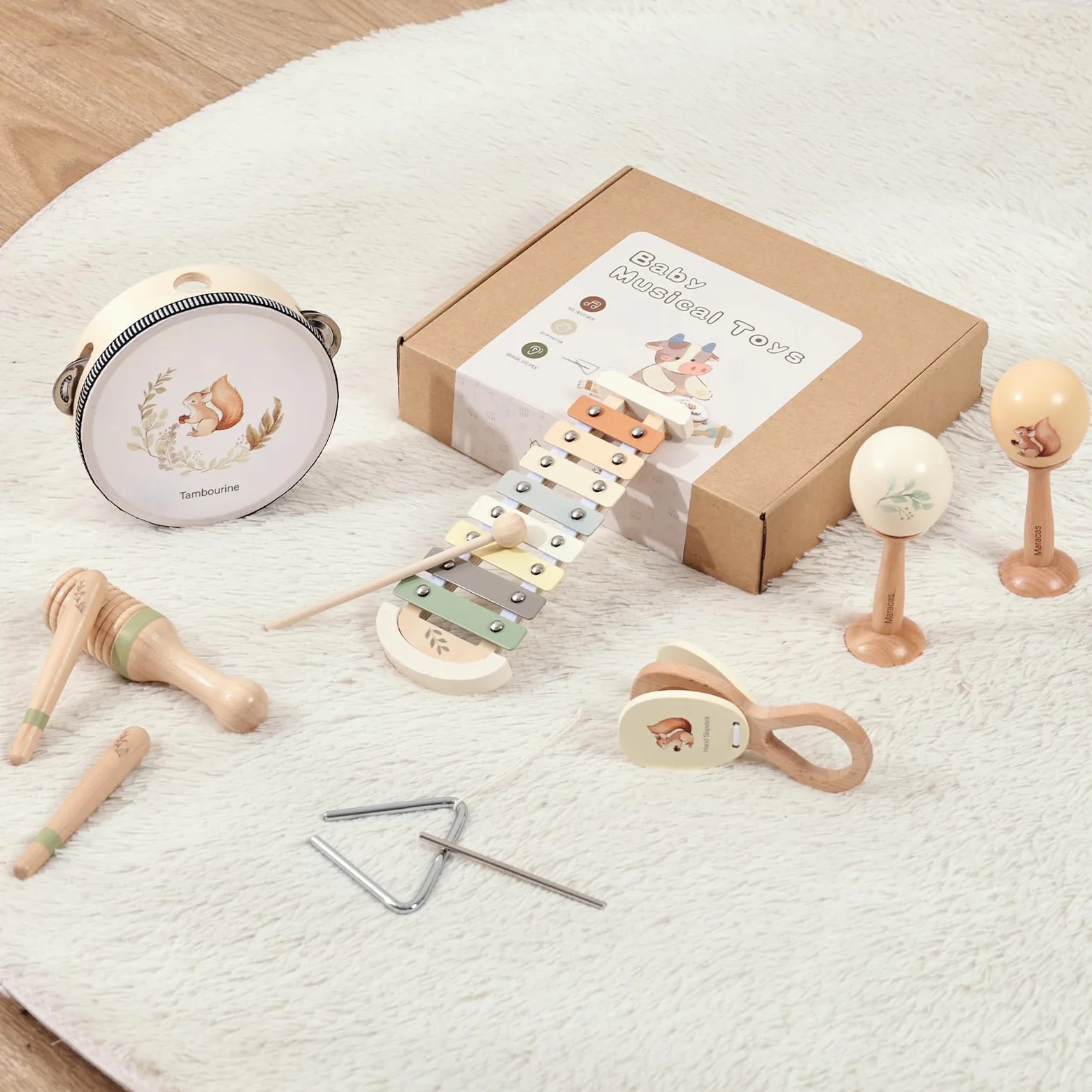 OESSUF Strumenti musicali per bambino a partire da 1 anno, xilofono e tamburello in legno, giocattoli Montessori a partire da 1 2 3 anni