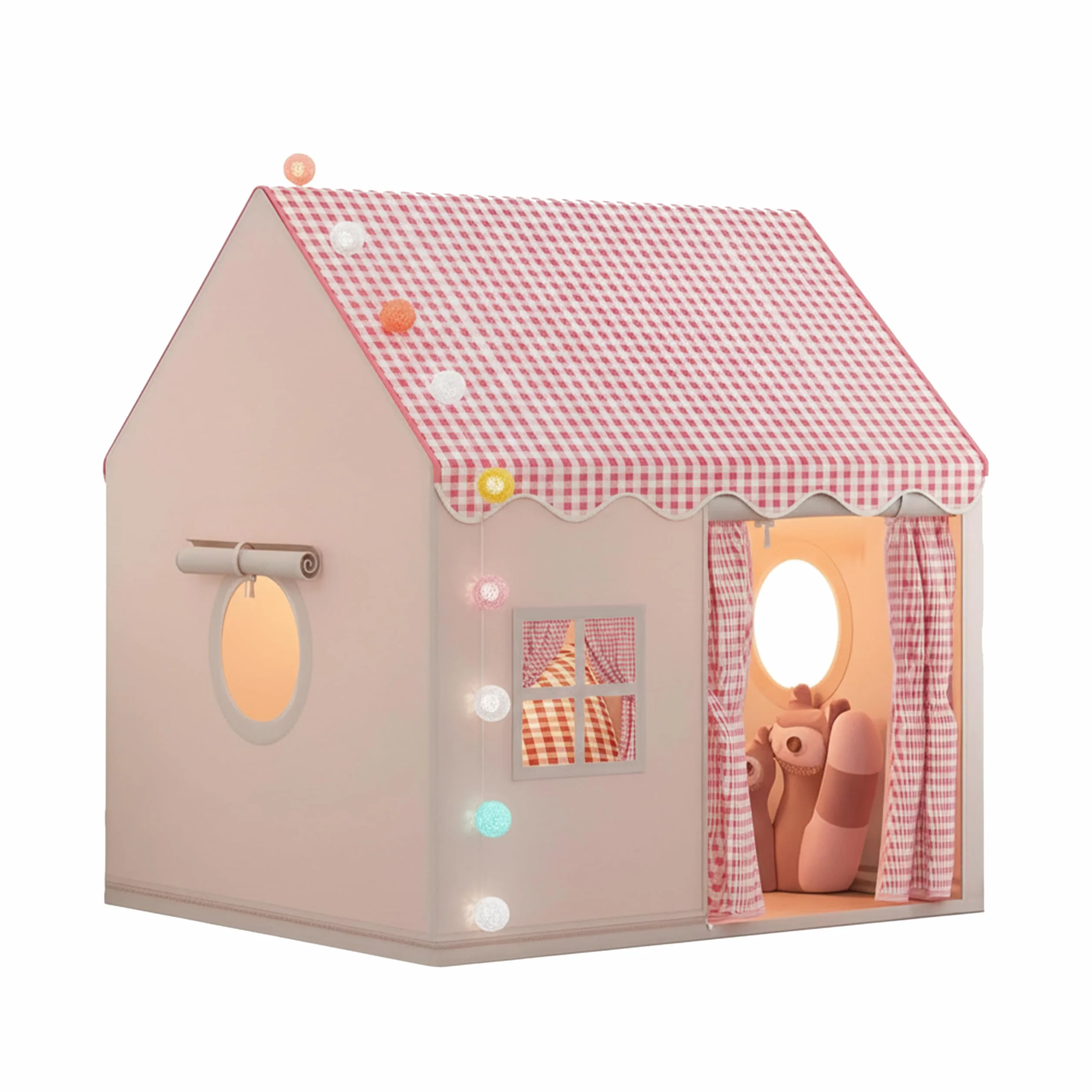 Tenda da principessa per bambine; luci colorate e rana arcobaleno giocattolo. Tenda da gioco rosa. Casetta da gioco per bambine. 120 cm di larghezza, 105 cm di profondità, 128 cm di altezza.