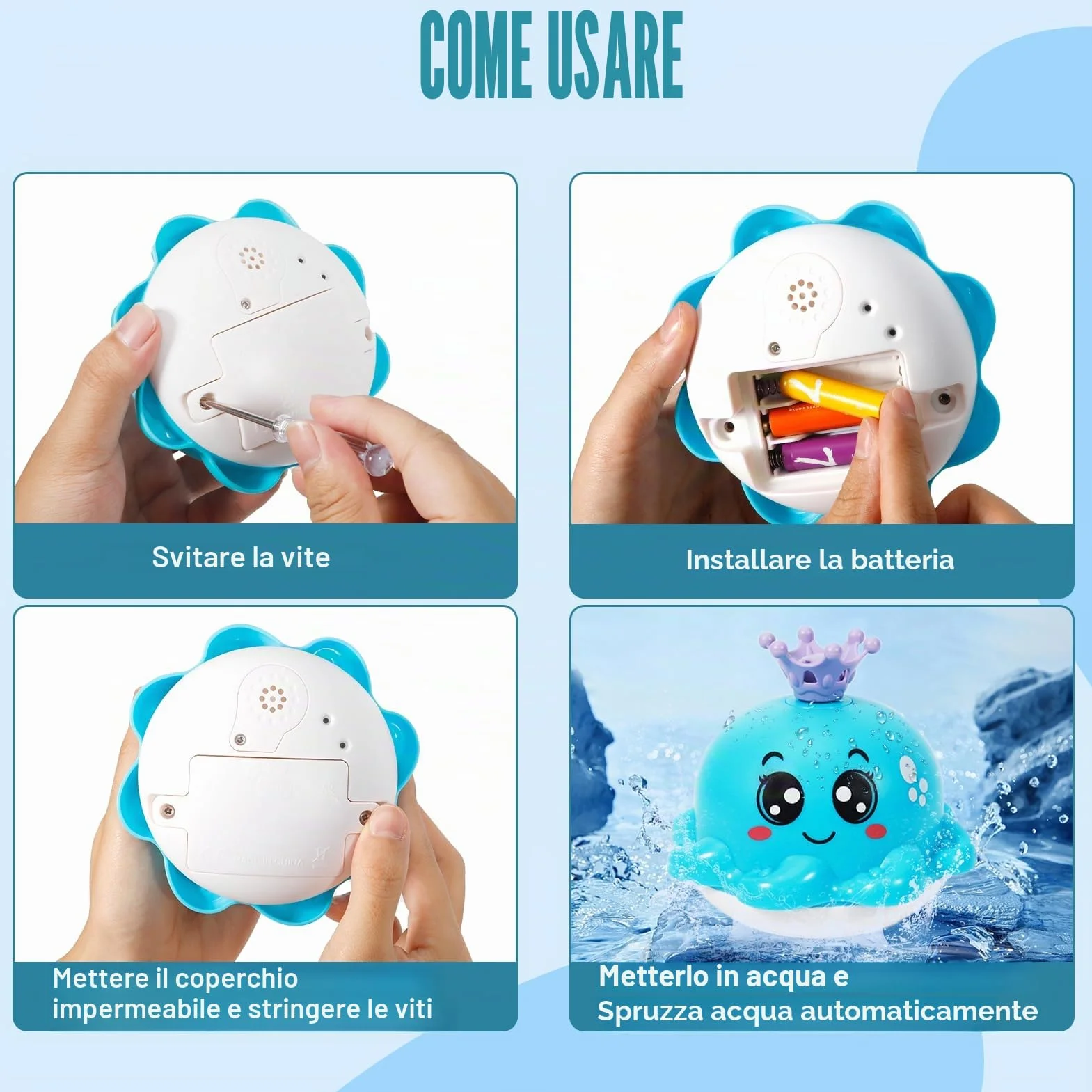Giochi Bagnetto Neonato, Polpo Giochi Vasca da Bagno Bambini Spruzzo d'Acqua Automatico, Giochi Bagnetto con Luce a LED, 4 Teste di Spruzzo, Giocattoli da o Piscina per 1 2 3 Anno, Blu