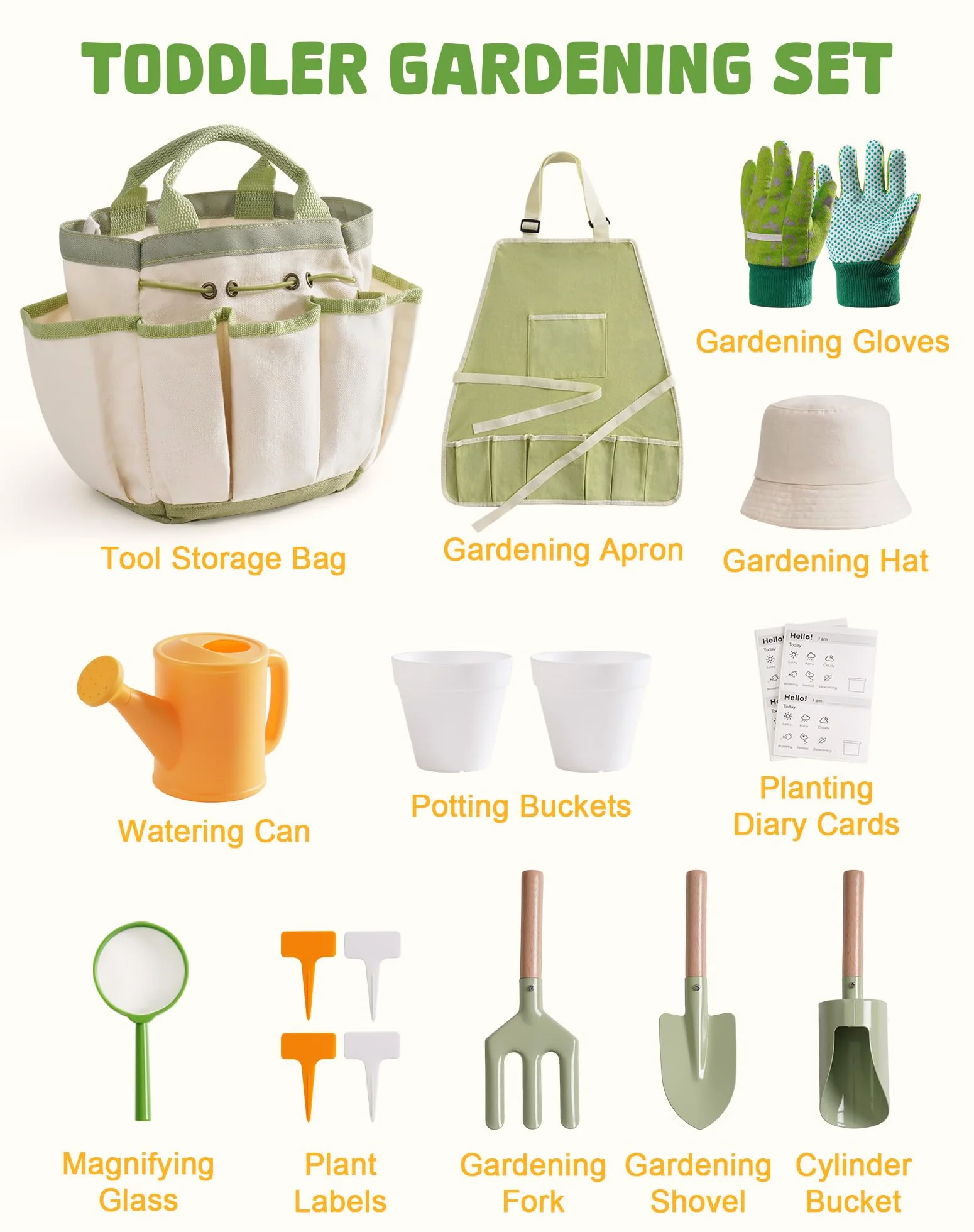ROBOTIME Set di attrezzi da giardinaggio per bambini, 18 pezzi, kit di attrezzi da giardino per bambini con annaffiatoio, guanti, grembiule e cappelli, borsa degli attrezzi e set di metallo, regalo