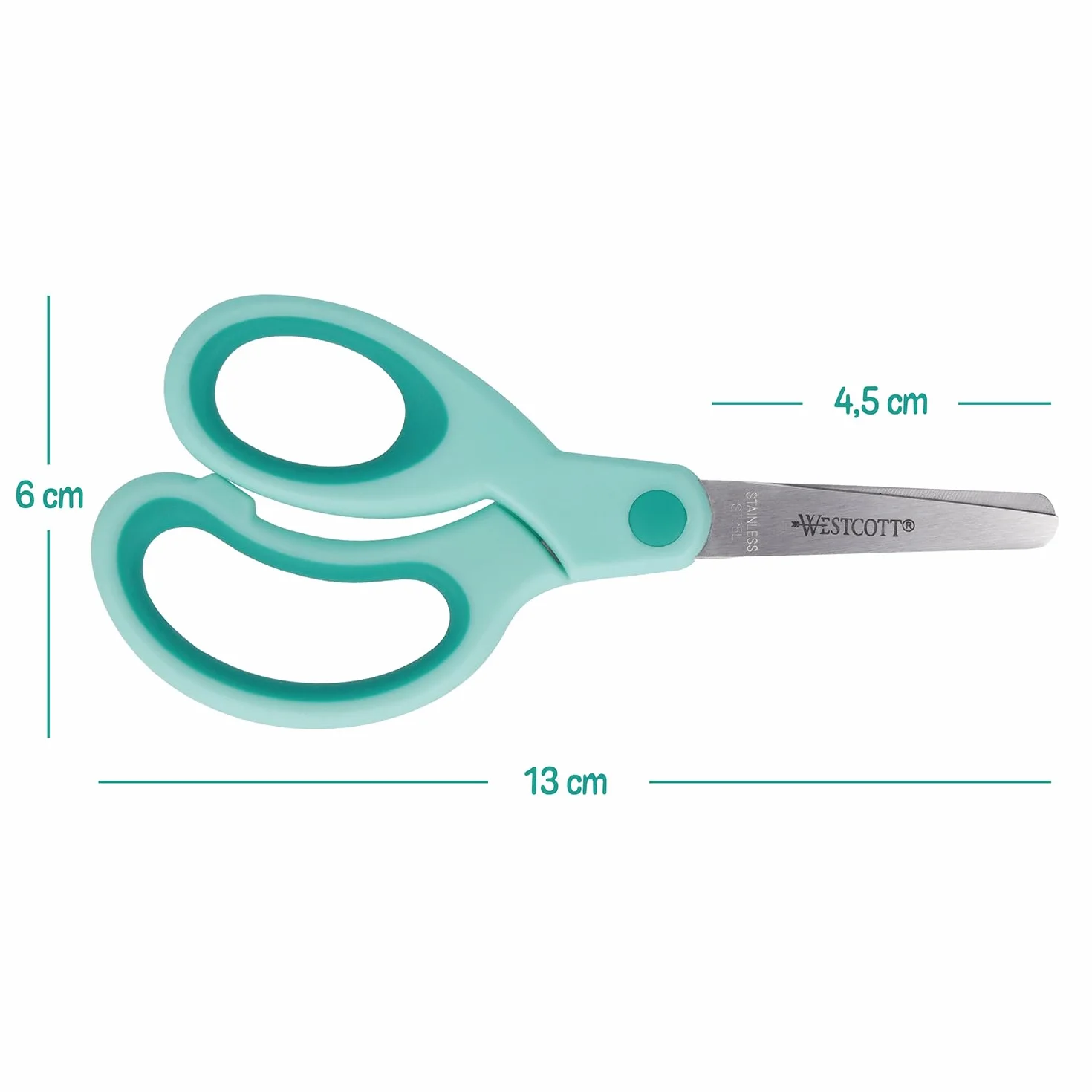 Westcott Forbici per bambini Softgrip turchese per mancini | Impugnatura ergonomica per bambini in età prescolare | 13 cm (5") ideali per le mani dei bambini | Punta arrotondata | E-21586 00