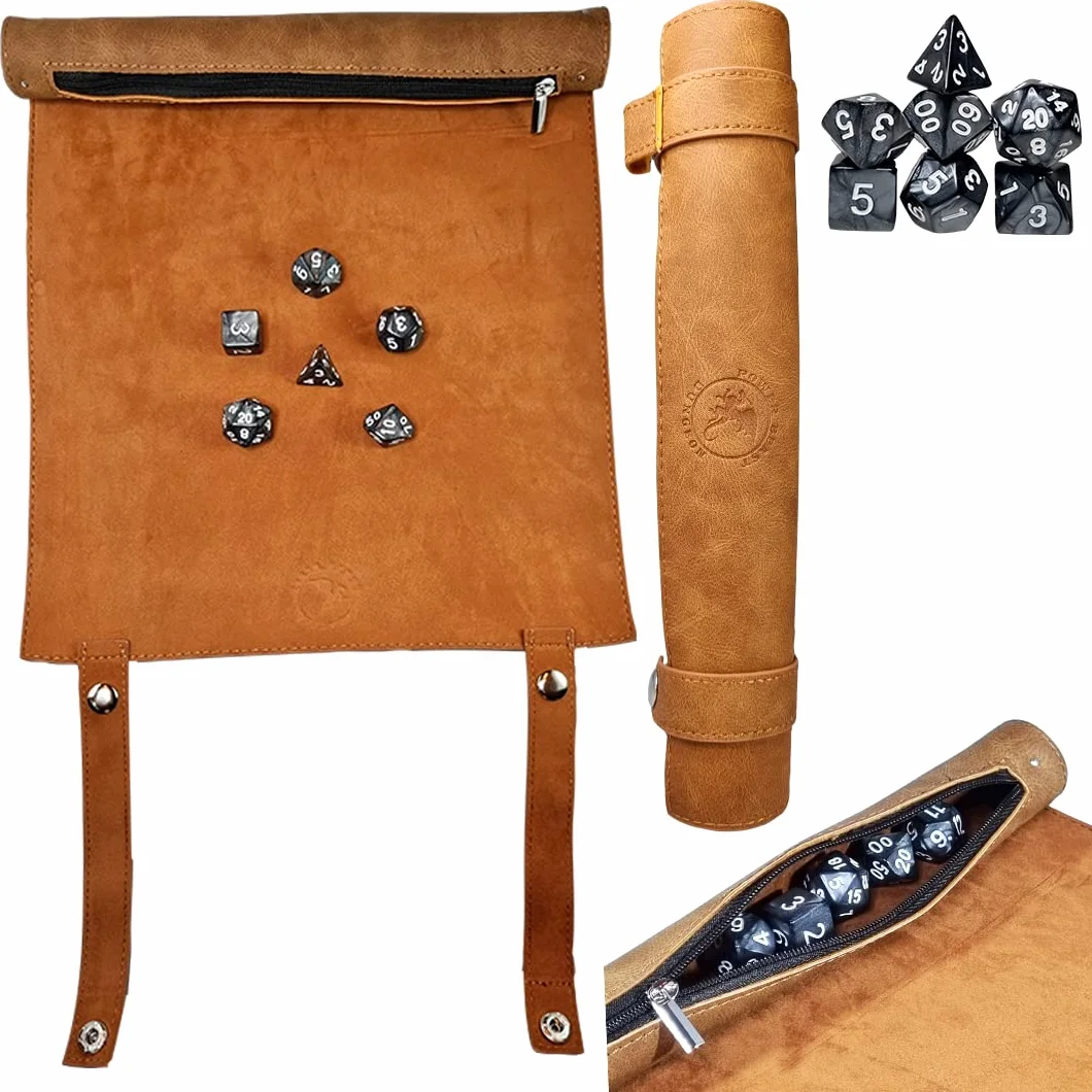 Dungeon 2 in 1 Borsa Porta Dadi e Tavola Dadi, Vassoio con Set di Dadi, +7 Pezzi Dadi Inclusi, D&D, Dungeons And Dragons, DND, Rpg, Giochi di Ruolo. (Marron)