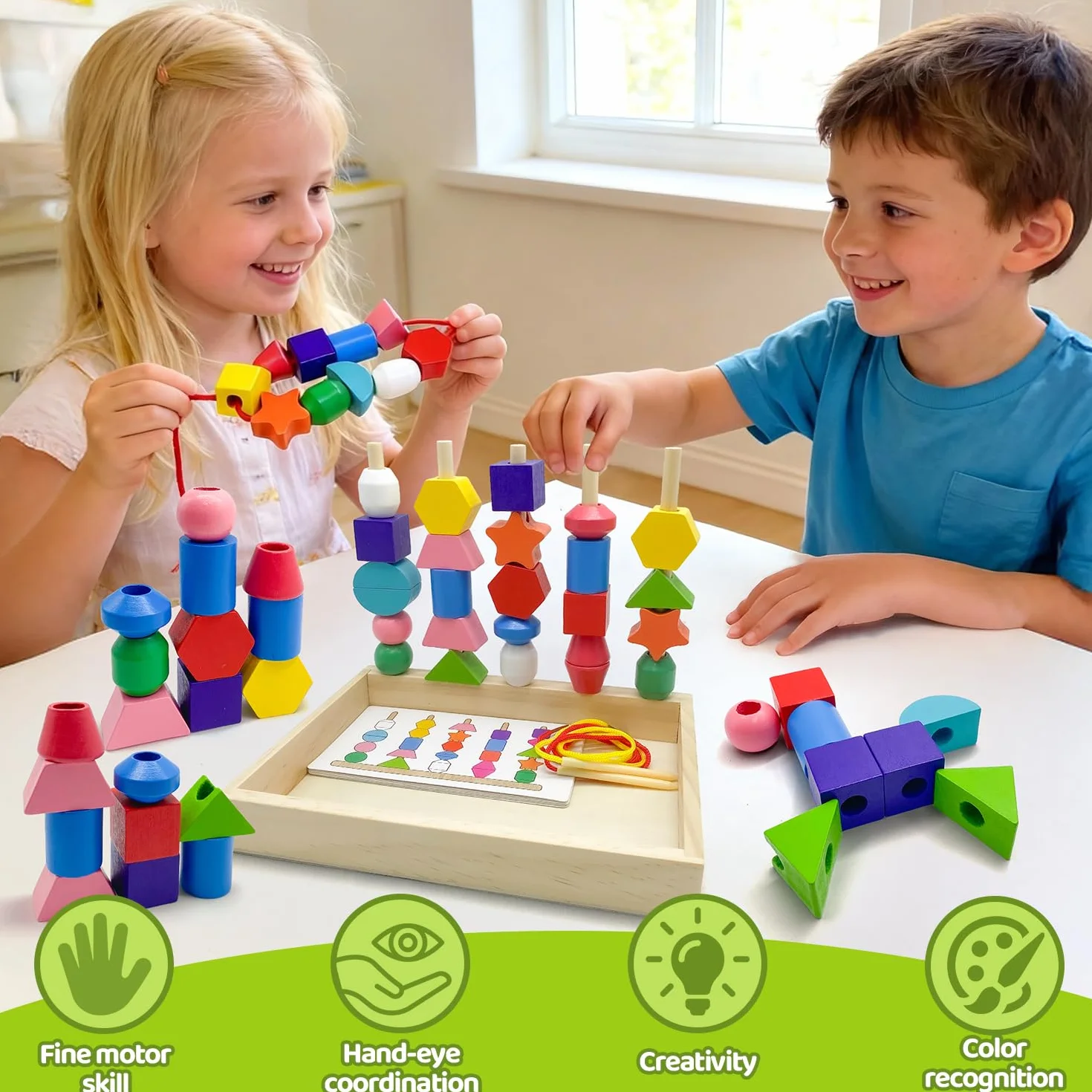 Yeefunjoy Giochi Montessori con Perline di Legno, 3 in 1 Giochi Educativi Legno Ordinamento e Impilamento Giochi, Gioco di infilatura Giocattolo Educativo per Bambini 2 3 4 5 Anno Regalo di Compleanno