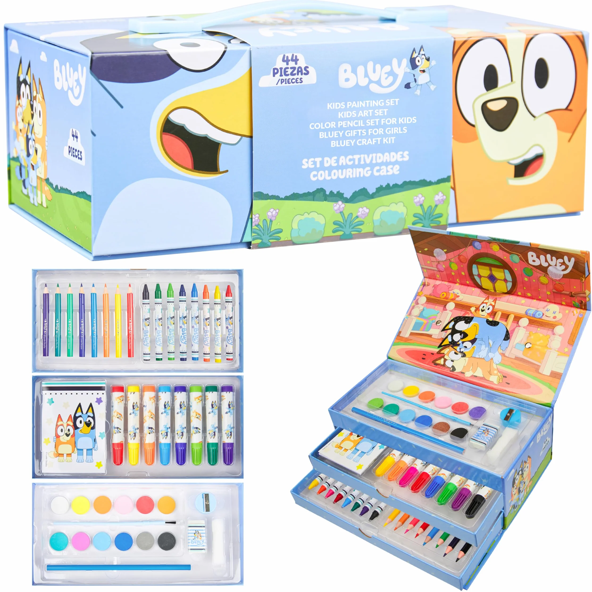 Bluey Valigetta Colori per Bambini, Set Disegno con Penne e Pastelli, Regali Bambini (Blu 3 livelli)
