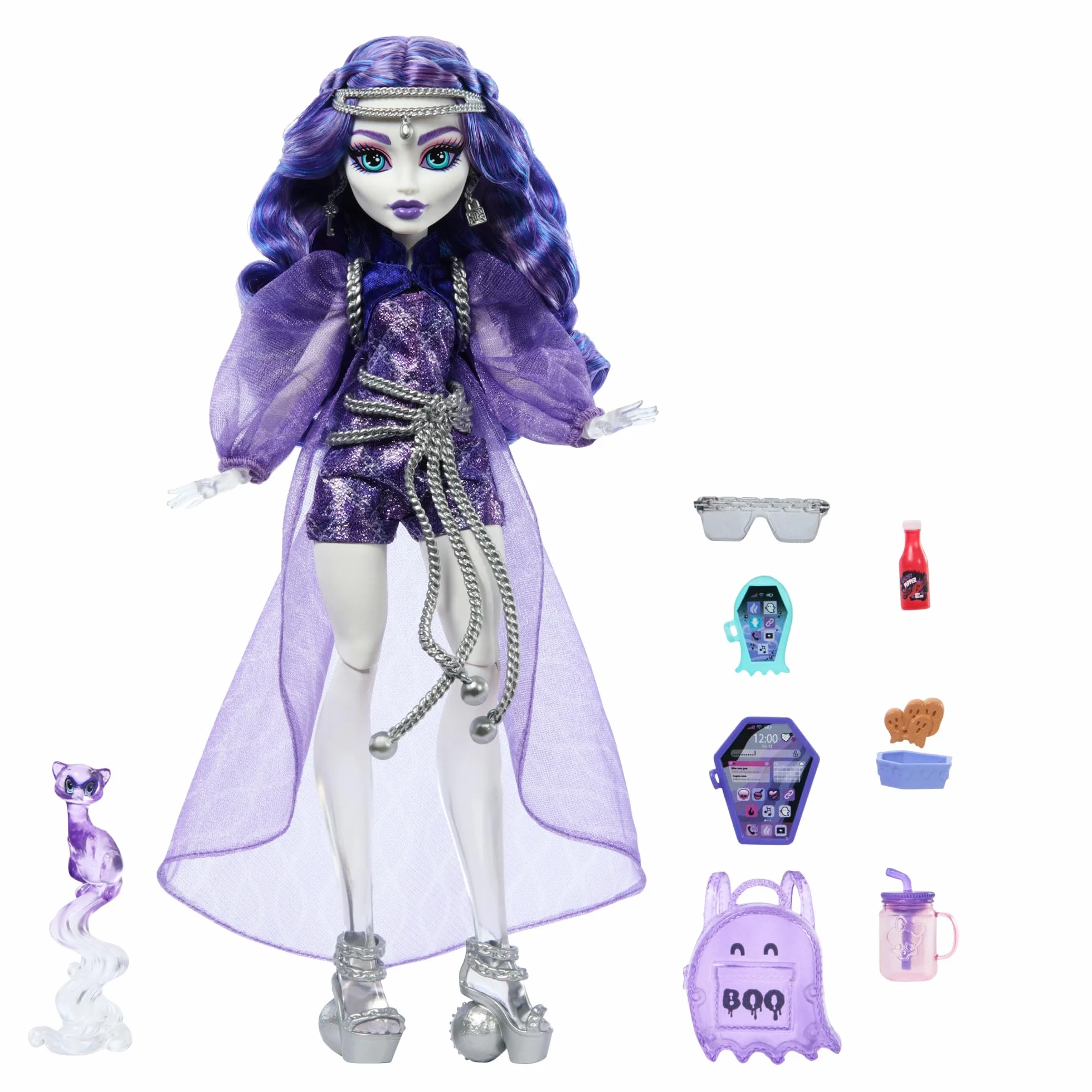 Monster High - Spectra Vondergeist, bambola alla moda con personaggio Rhuen il Furetto e tanti accessori inclusi come zaino, tablet e spuntini, giocattolo per bambini, 4+ anni, HXH77
