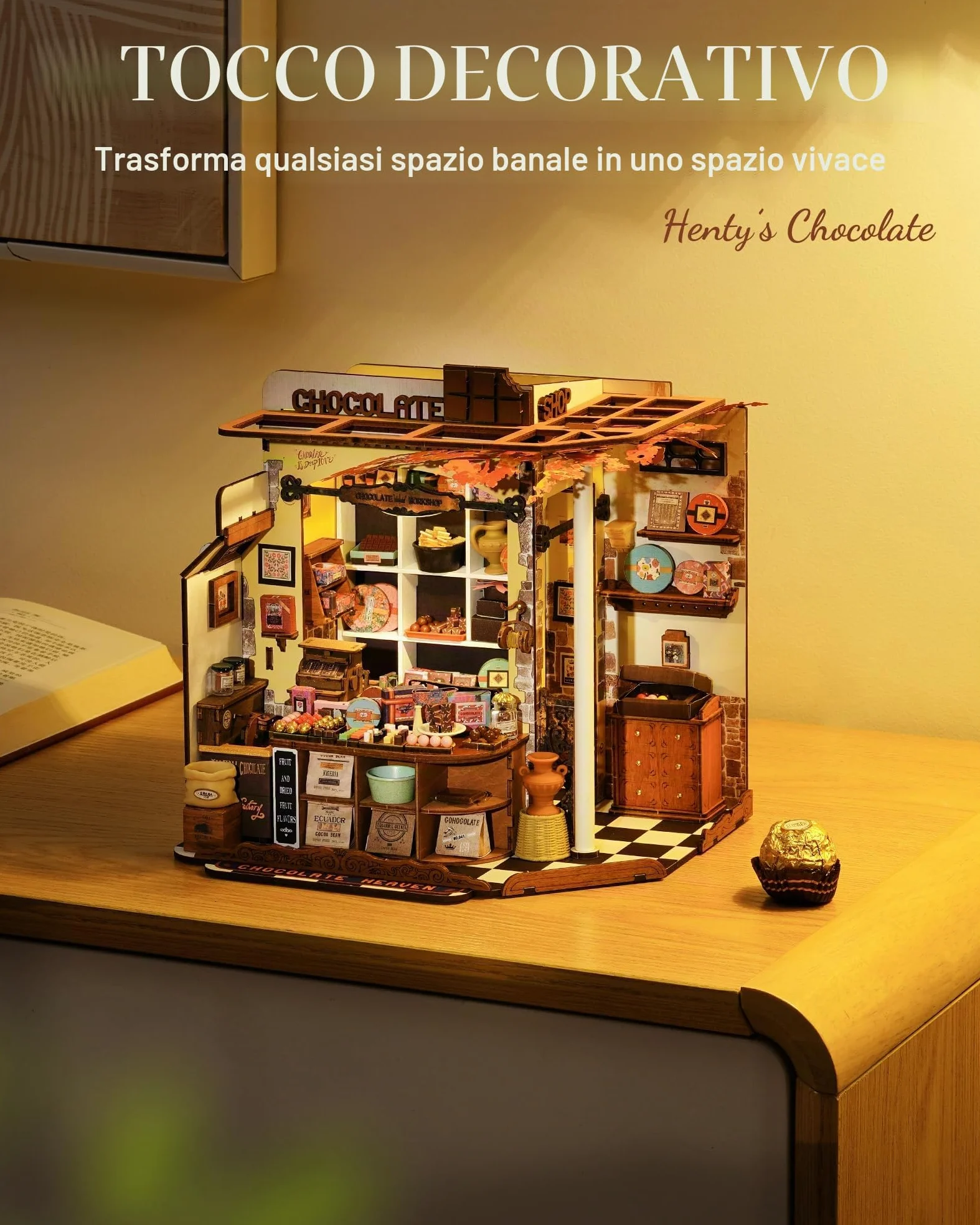 ROBOTIME Kit Casa delle Bambole in Miniatura Henry’s Chocolate, Fai-da-te in Legno con LED, Modellismo da Costruire Adulti, Regalo Creativo per Adulti e Adolescenti