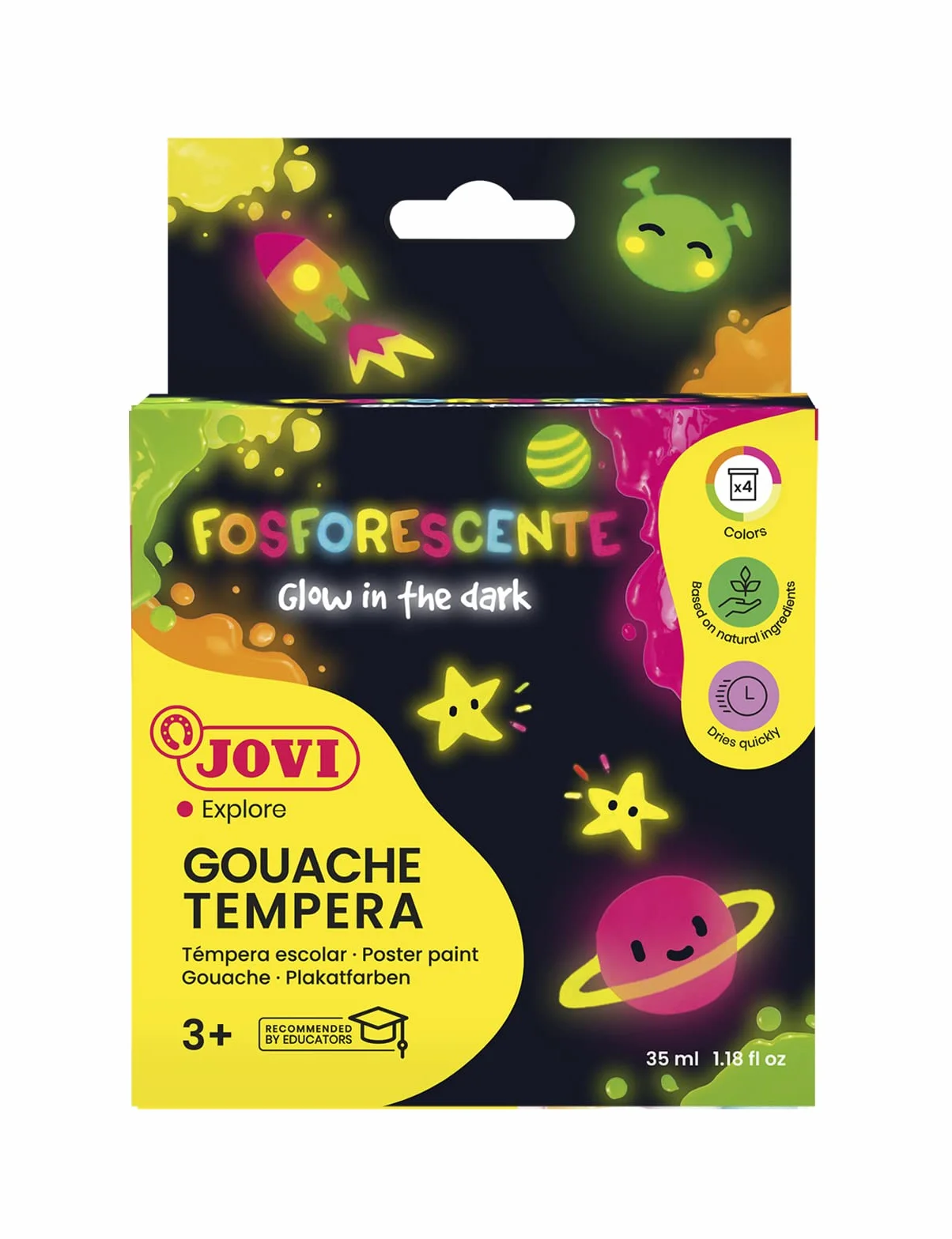 Jovi 504 Scatola con 4 barattoli di Tempera Fosforescente, 55 ml, Assortiti