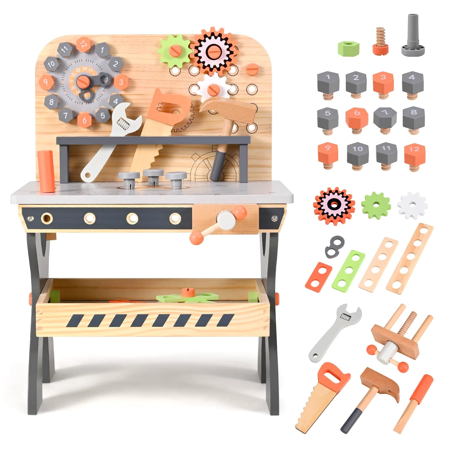 Banco da Lavoro per Bambini in Legno, Strumenti di Gioco Banco degli Attrezzi in Legno Multifunzione Tabella degli Strumenti per Lo smontaggio di Viti e Dadi per Bambini dai 3 Anni in su