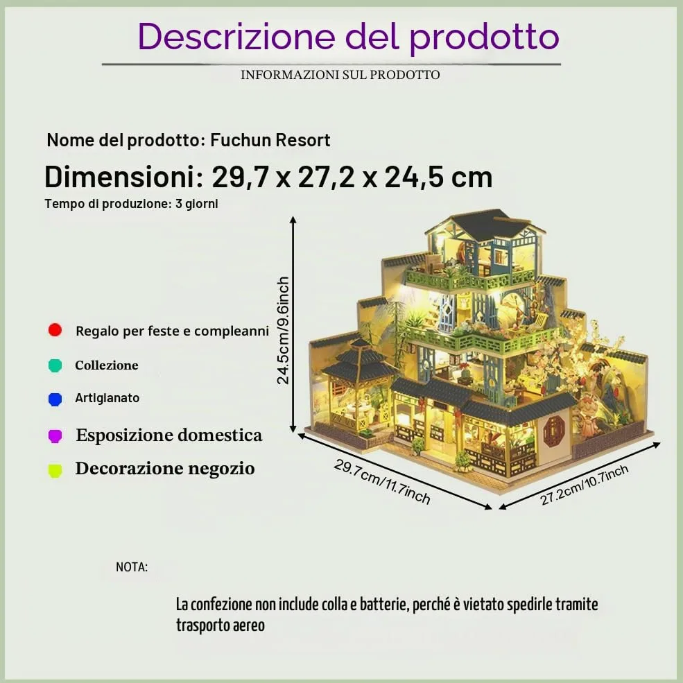 Casa delle bambole in miniatura in stile cinese a tre piani, mobili in legno, kit fai da te per casa delle bambole con LED per stanza creativa, regalo per adulti e bambini