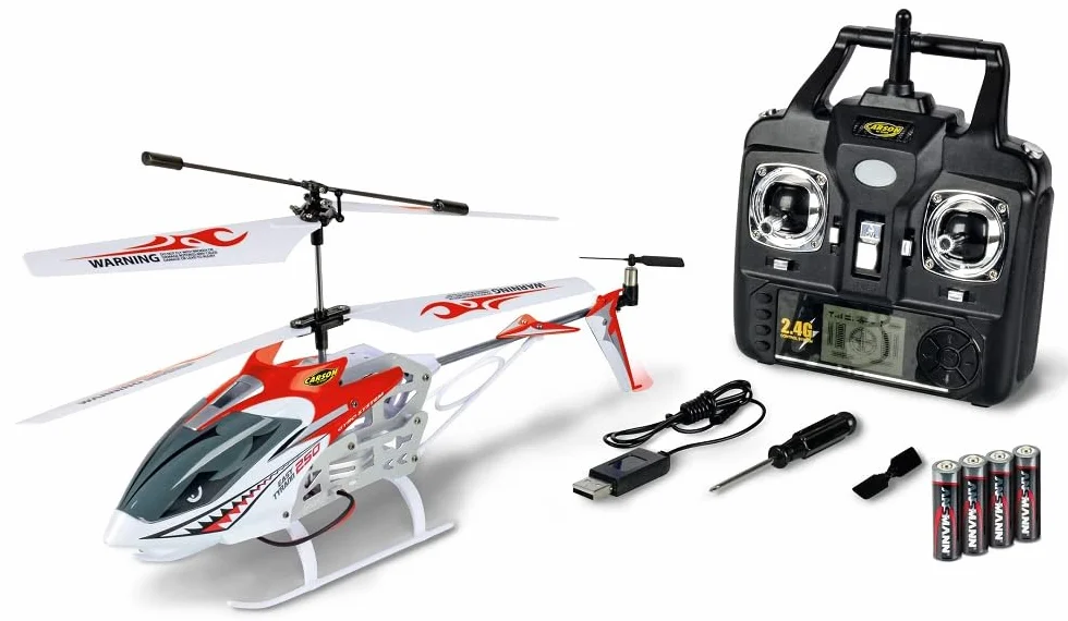 Carson 500507161 Easy Tyrann 250 rosso - Elicottero telecomandato, robusto modello RTF (Ready to Fly) per principianti, batterie incluse, per bambini dai 12 anni in su