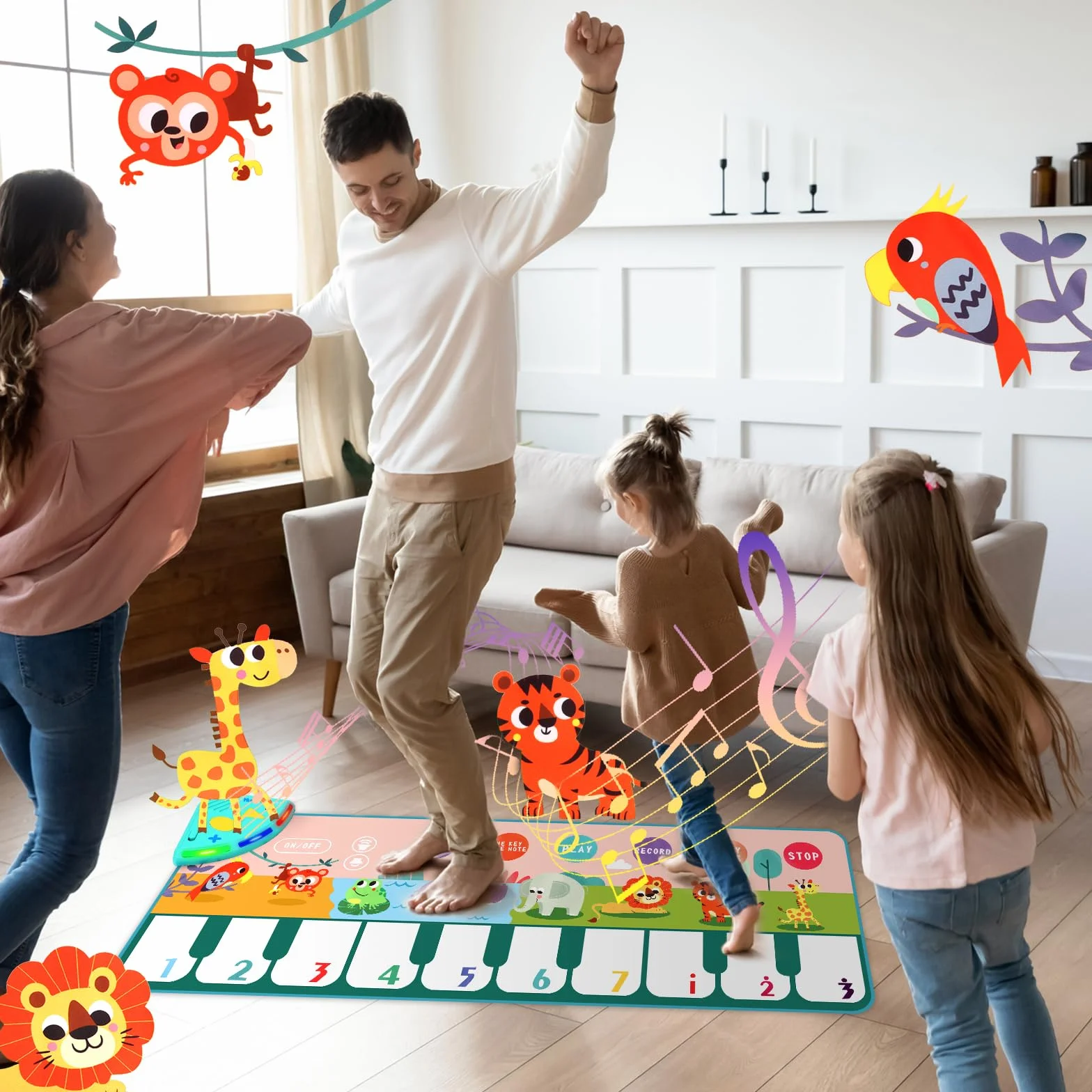 Tappetino Musicale per Bambini da Ballo con 10 Animali, 4 Modalità, 10 Melodie, Pianoforte, Regalo Compleanno 100x36 cm