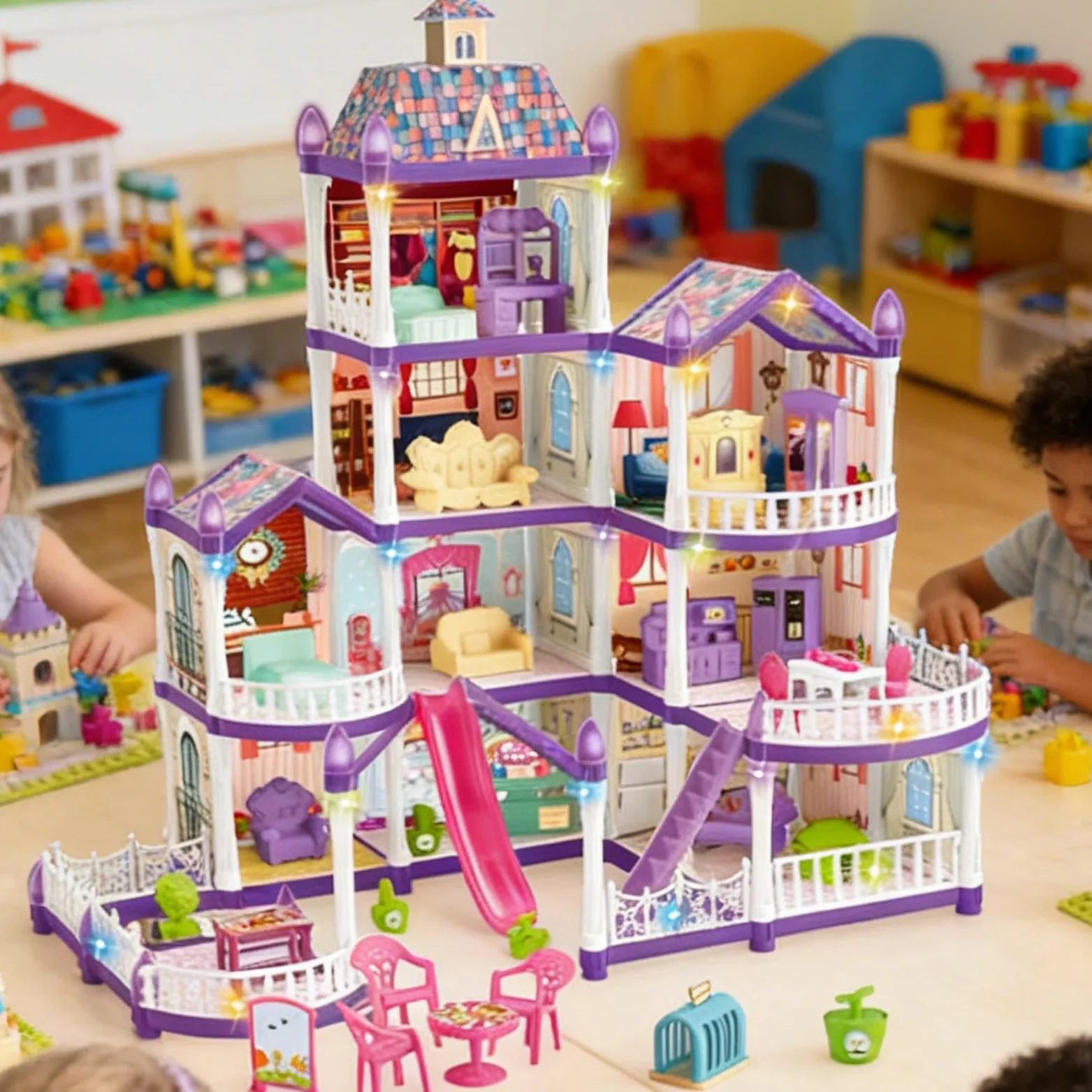 Casa delle Bambole per Ragazze 4 Piani 13 Stanze Villa Miniatura da Montare | Con 3 Principesse E 2 Cuccioli, Arredamento E Set Per Bambini Per Bambine 4-6 Anni di Imitazione