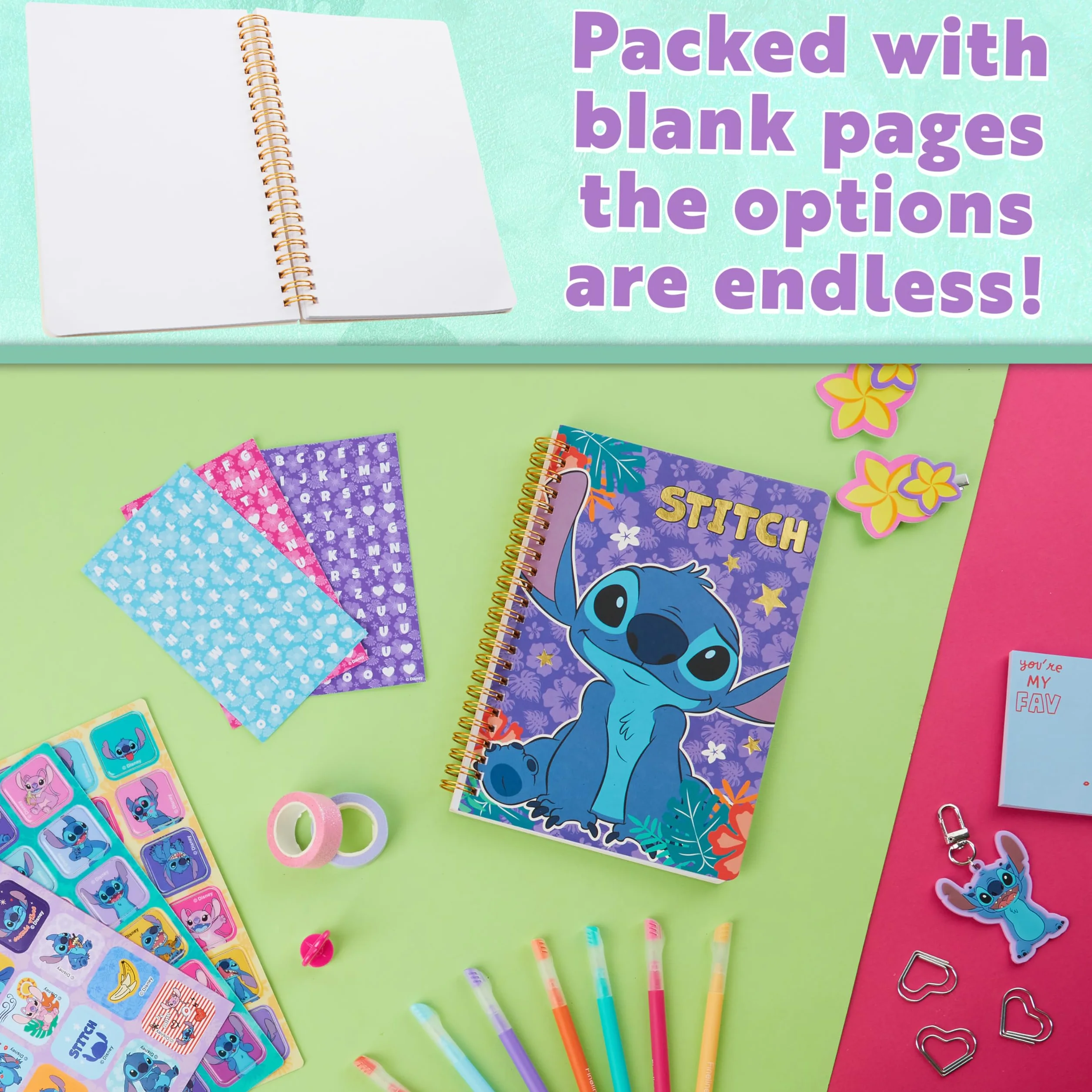 Disney Stitch DIY Kit Taccuino Bambini Adolescenti Quaderno Spirale A5 Disegno Stickers Note Adesive Portachiavi Penne Colorate, Idea Regalo