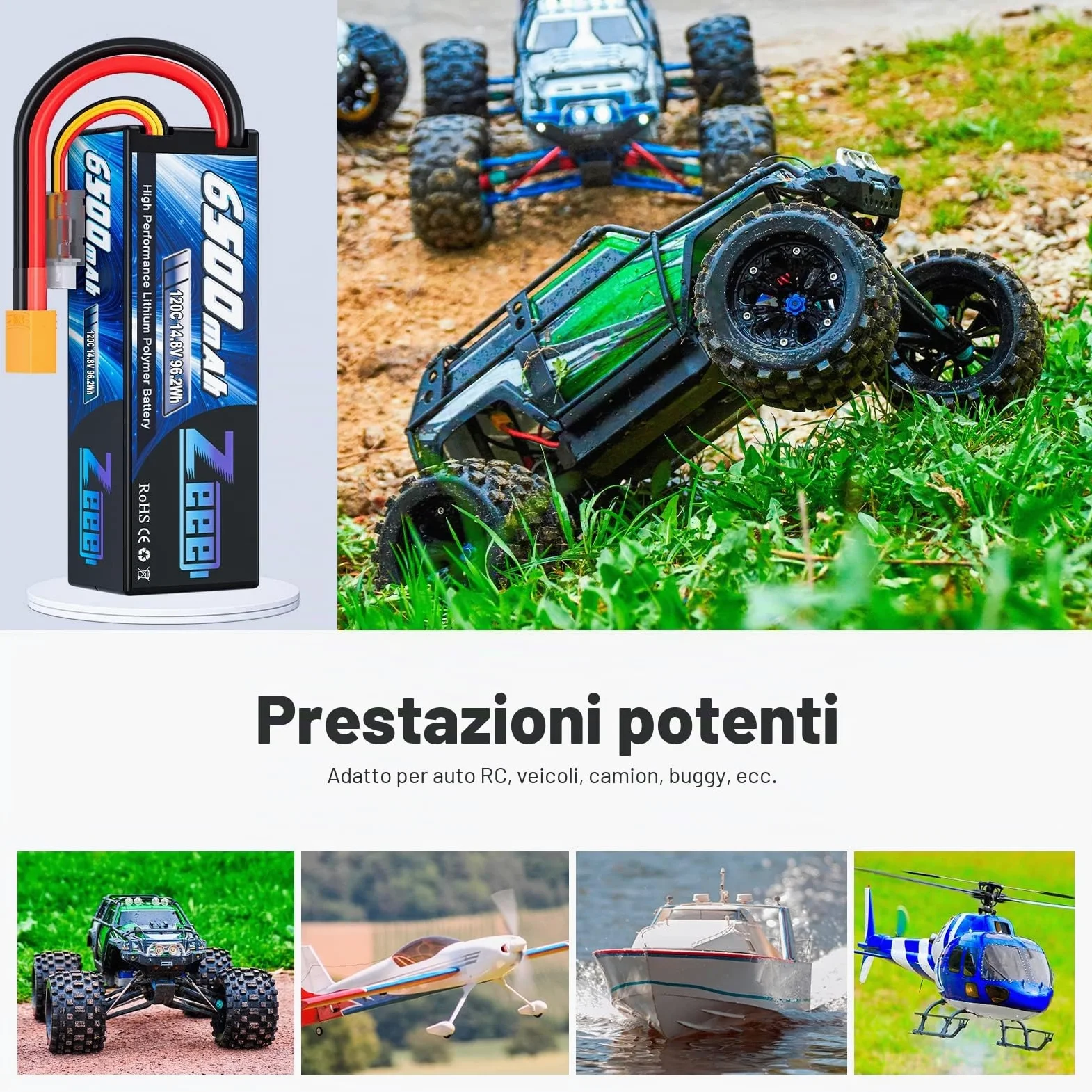 Zeee 4S Lipo 6500mAh 14,8V 120C Batteria RC con Spina XT90 (2 Pezzi) | Batteria RC per RC Car Truck Tank Buggy Truggy RC Racing Models