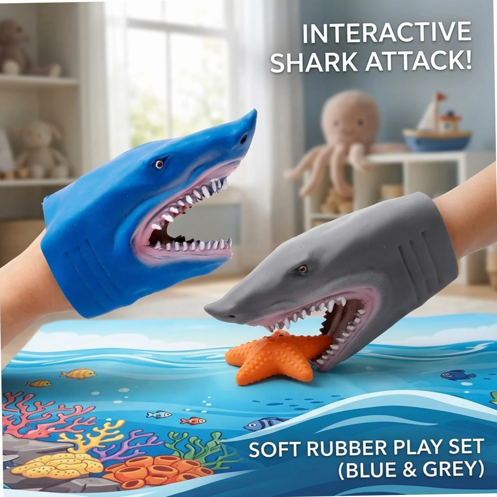 Marionetta a mano con squalo, confezione da 2 burattini realistici a forma di squalo in gomma morbida per giochi di ruolo per bambini, giocattoli interattivi con burattini mano per narrazione di st