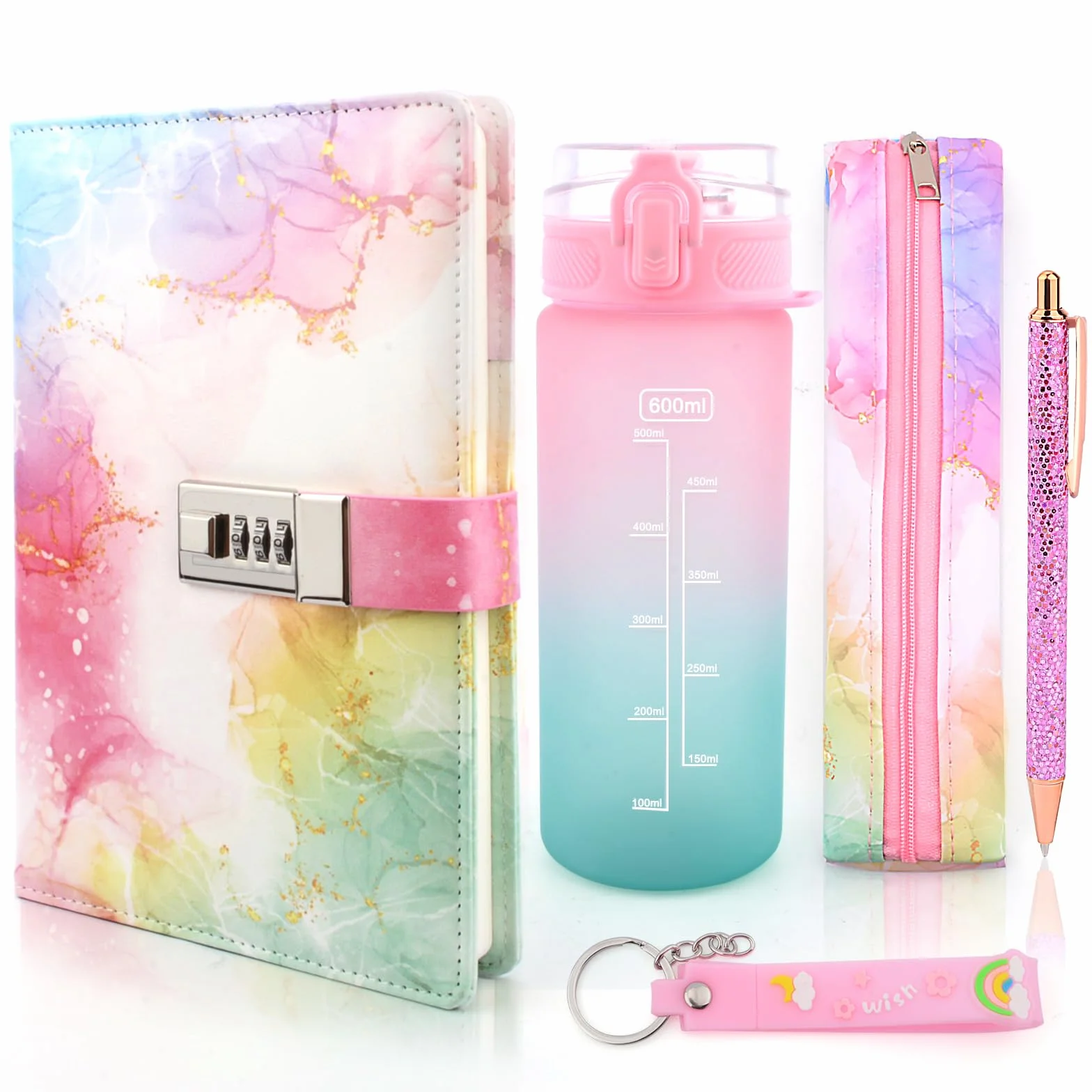 Diario Segreto Bambina, Borraccia Bambina,Regalo Ragazze 7 8 9 10 11 12 13 14 Anni, Diario con Lucchetto per Ragazze,Pasqua Compleanno Regali per Ragazze Cancelleria Quaderno Penna Astuccio per Matite
