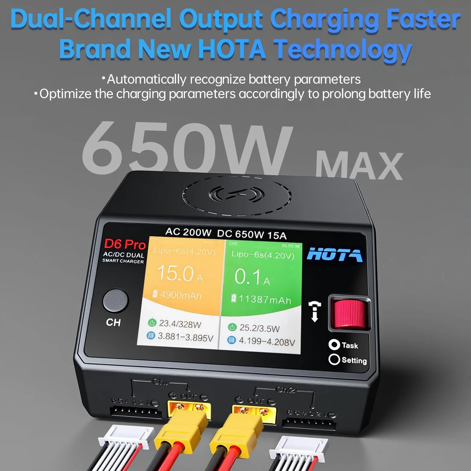 HOTA D6 Pro Lipo Caricabatterie intelligente a doppio canale AC200W DC650W 15A per LiHv Nicd NiMH Lipo RC Caricabatterie con Balance Phone Ricarica wireless RC Auto RC Barca FPV Race Drone Parti Nero