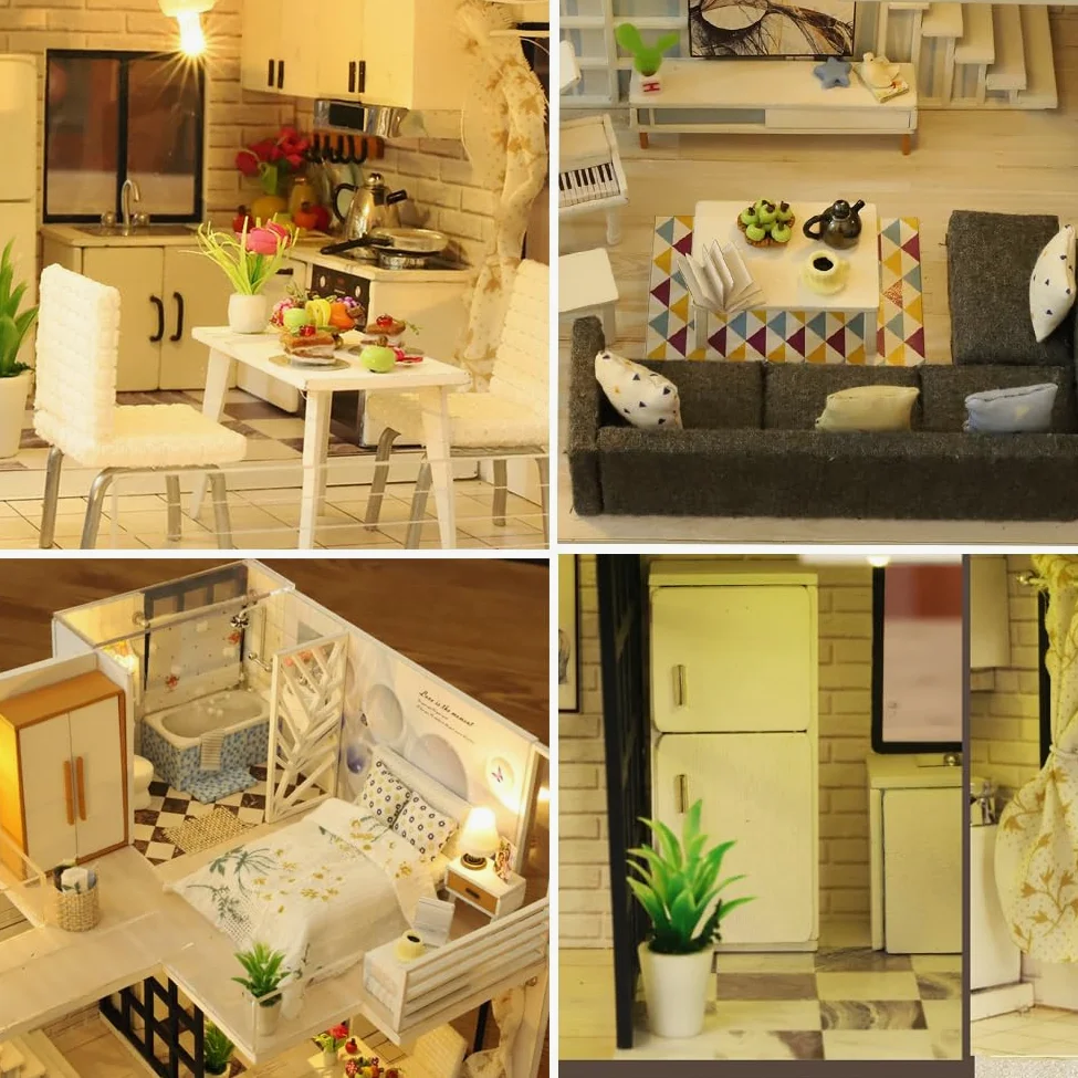 Kit fai da te in miniatura per casa delle bambole a 2 piani, modello moderno in legno con luci a LED, kit di costruzione fai da te, regalo creativo per hobby per adulti e ragazzi