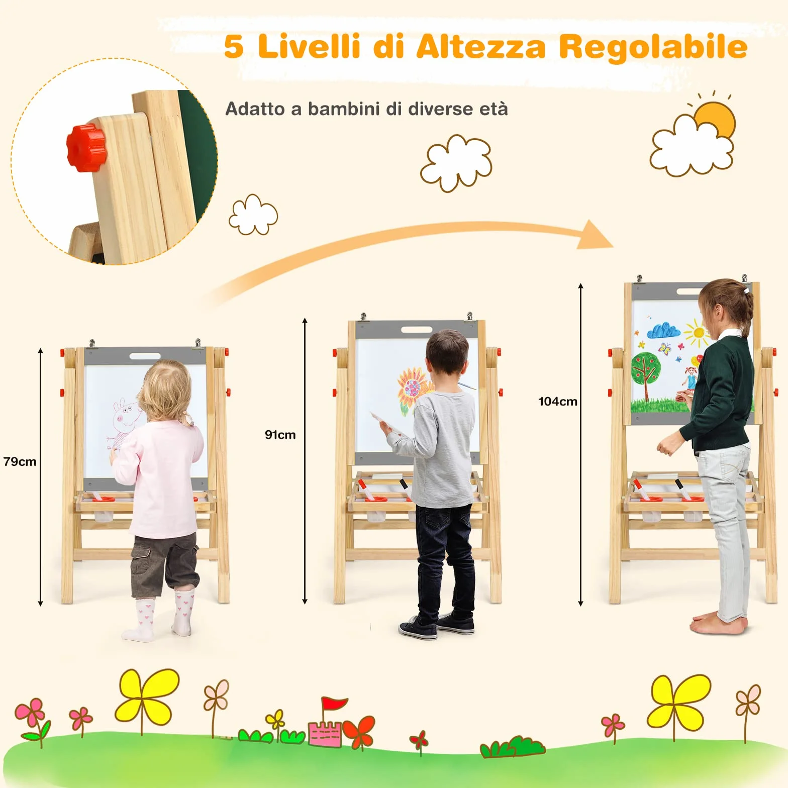 Lavagna Bifacciale per Bambini con Cavalletto Pieghevole in Legno di Pino, Altezza Regolabile, Magnetica, Nera e Bianca