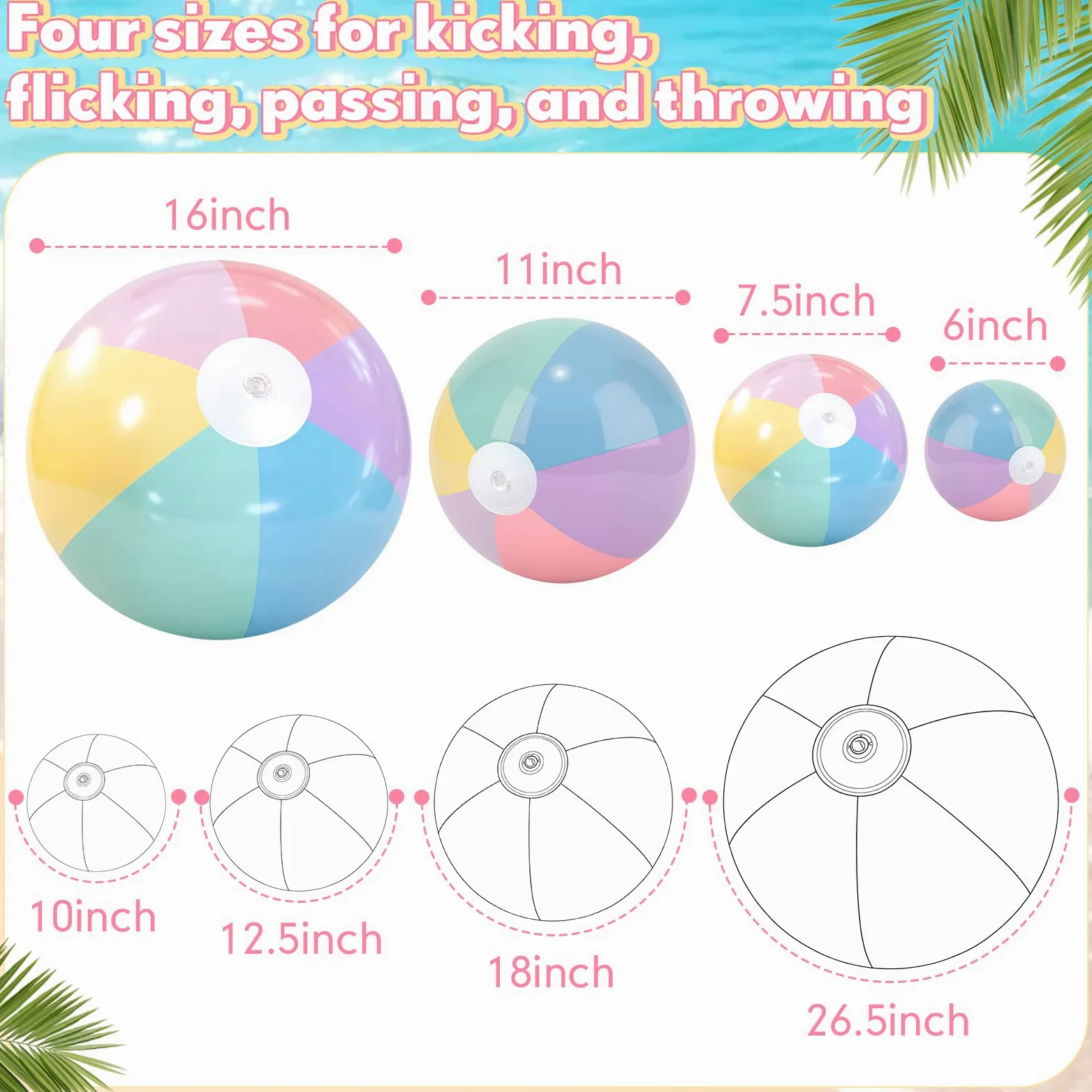 MiniInflat Confezione da 4 palline da spiaggia in 4 misure (61 cm, 40,6 cm, 30,5 cm, 20,3 cm), palline gonfiabili pastello per bambini e adulti, feste estive in spiaggia hawaiana, forniture per feste