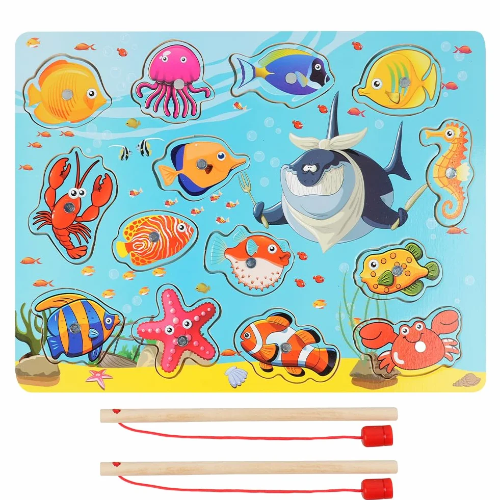 Vicloon Magnetico Giochi di Pesca per Bambini, Giochi Magnetici di Pesca in Legno, Giocattoli di Legno Gioco di Pesca, Giochi Montessori, Educativo Interattivi per Bambini Regalo 3 4 5 Anni(Oceano)