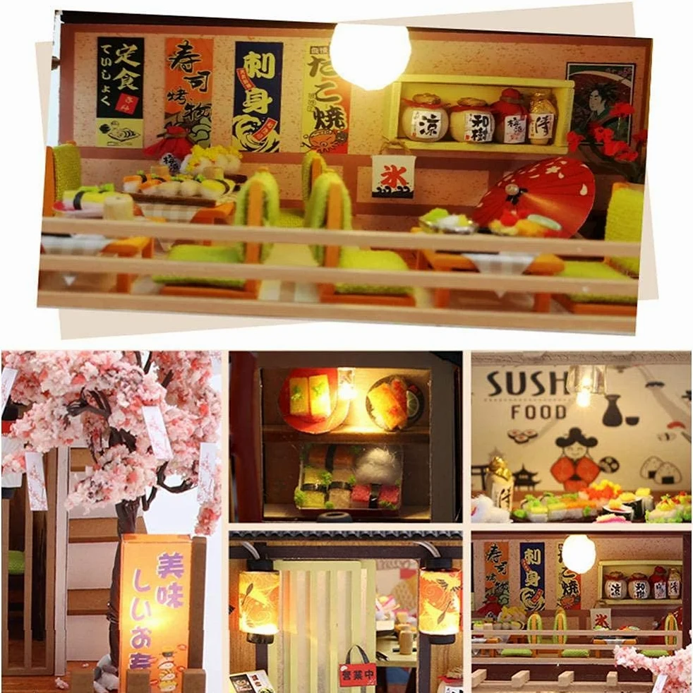 Kit fai da te in miniatura per casa delle bambole con scatola antipolvere e carillon, negozio di sushi giapponese, mobili per casa delle bambole 3D in legno, puzzle creativo, regalo di compleanno per