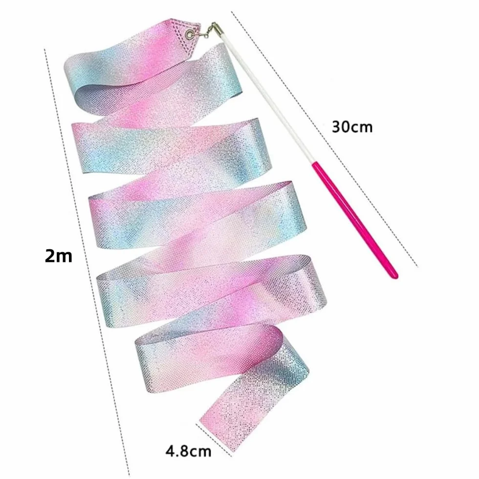 2 pezzi nastro da ballo da 2 m nastro da ginnastica per bambini arcobaleno e rosa, materiale da ginnastica, bacchetta per l'allenamento della danza artistica